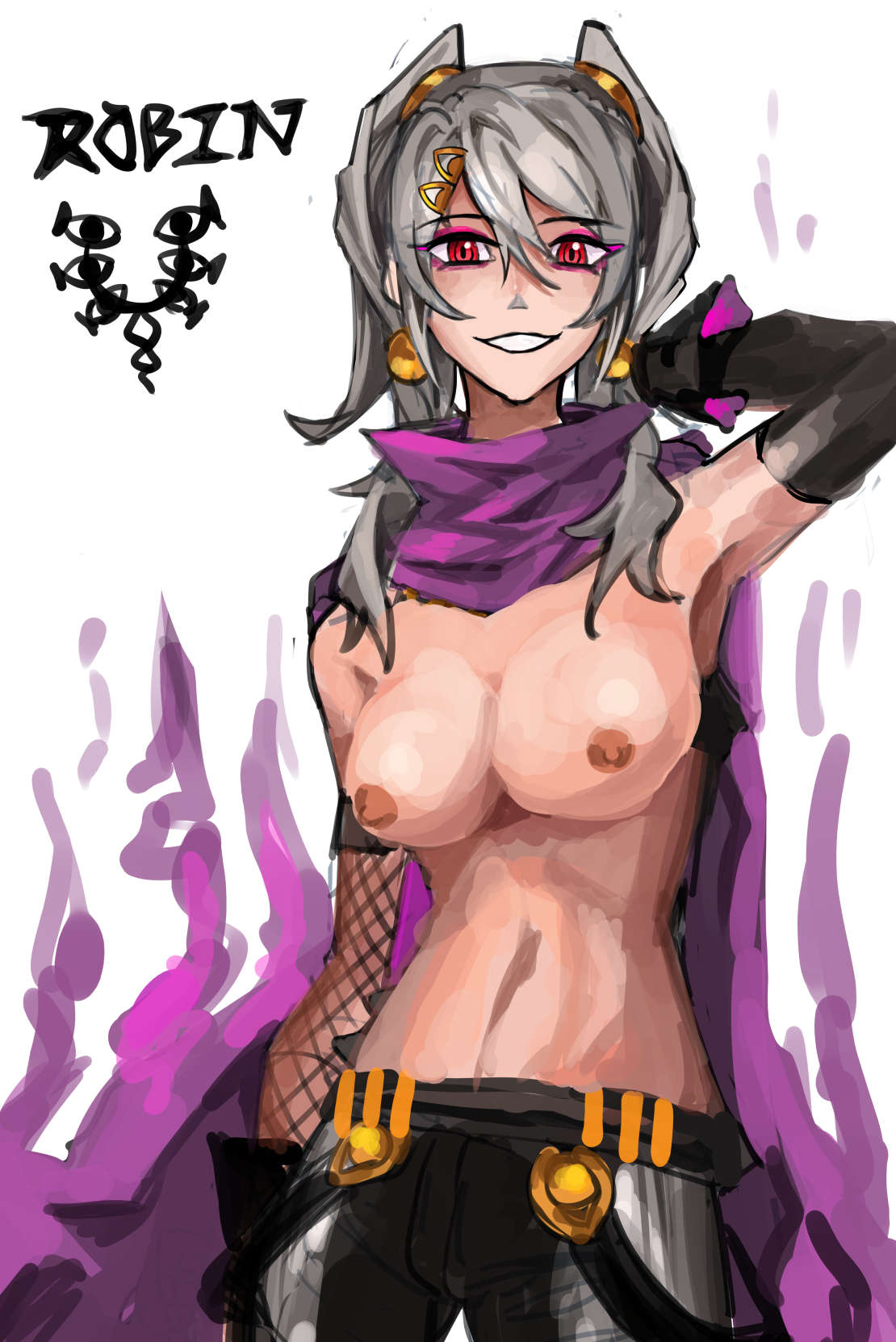 1girls alternate_costume brand_of_the_defile breasts breasts_out female fire_emblem fire_emblem_awakening fishnet_armwear grima_(fire_emblem) nintendo nipples robin_(fire_emblem) robin_(fire_emblem)_(female) saiykik scarf solo topless twintails