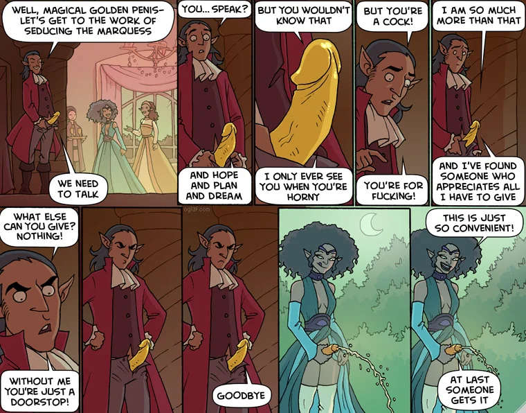 1boy 1futa 2girls bottomless clothed clothing comic dark-skinned_futanari dark-skinned_male dialogue english_text female funny futanari male mostly_clothed oglaf peeing penis standing text