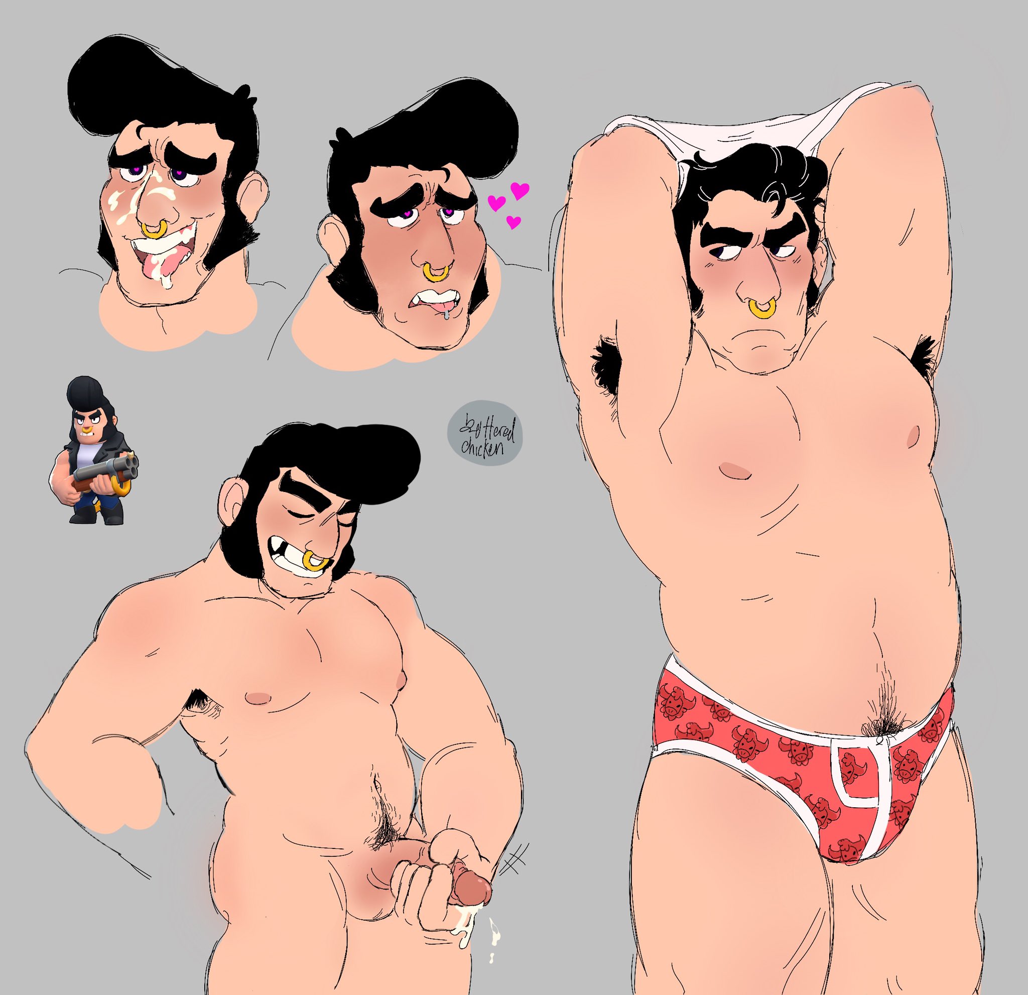 armpit hair, balls, bara, black hair, blush, boner, brawl stars, bulge, bull (brawl stars), chickenbuttered, cum, cum on face, erection, flaccid, male, male only, masturbation, muscles, muscular, nose ring, nude, penis, pompadour, sideburns, solo, solo male, tongue, tongue out, undressing, yaoi