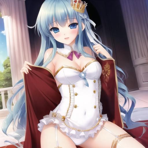 ai_generated background cleavage columns crown female female_only garter_straps hair_ornament leotard medium_breasts oc original_character outside princess ribbons royalty ruffles shoulderless stockings white_clothing