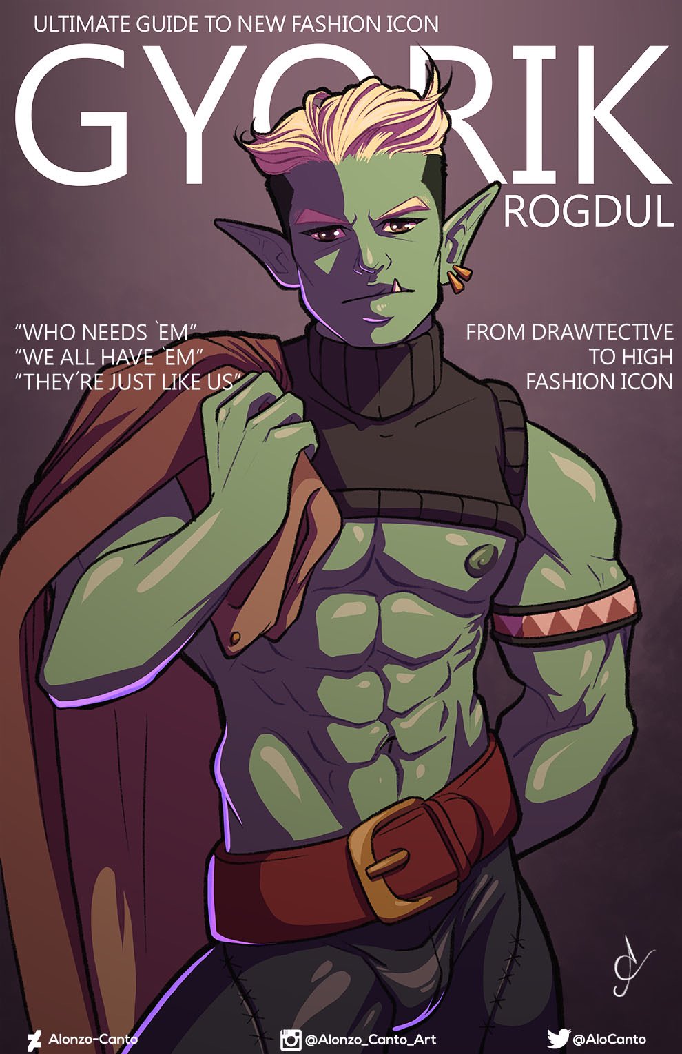 abs alocanto bara bara_tits barazoku bulge bulge_through_clothing drawfee_(copyright) drawtectives green_skin gyorik_rogdul magazine_cover male male_only muscles muscular nipples orc orc_male solo solo_male tight_clothing