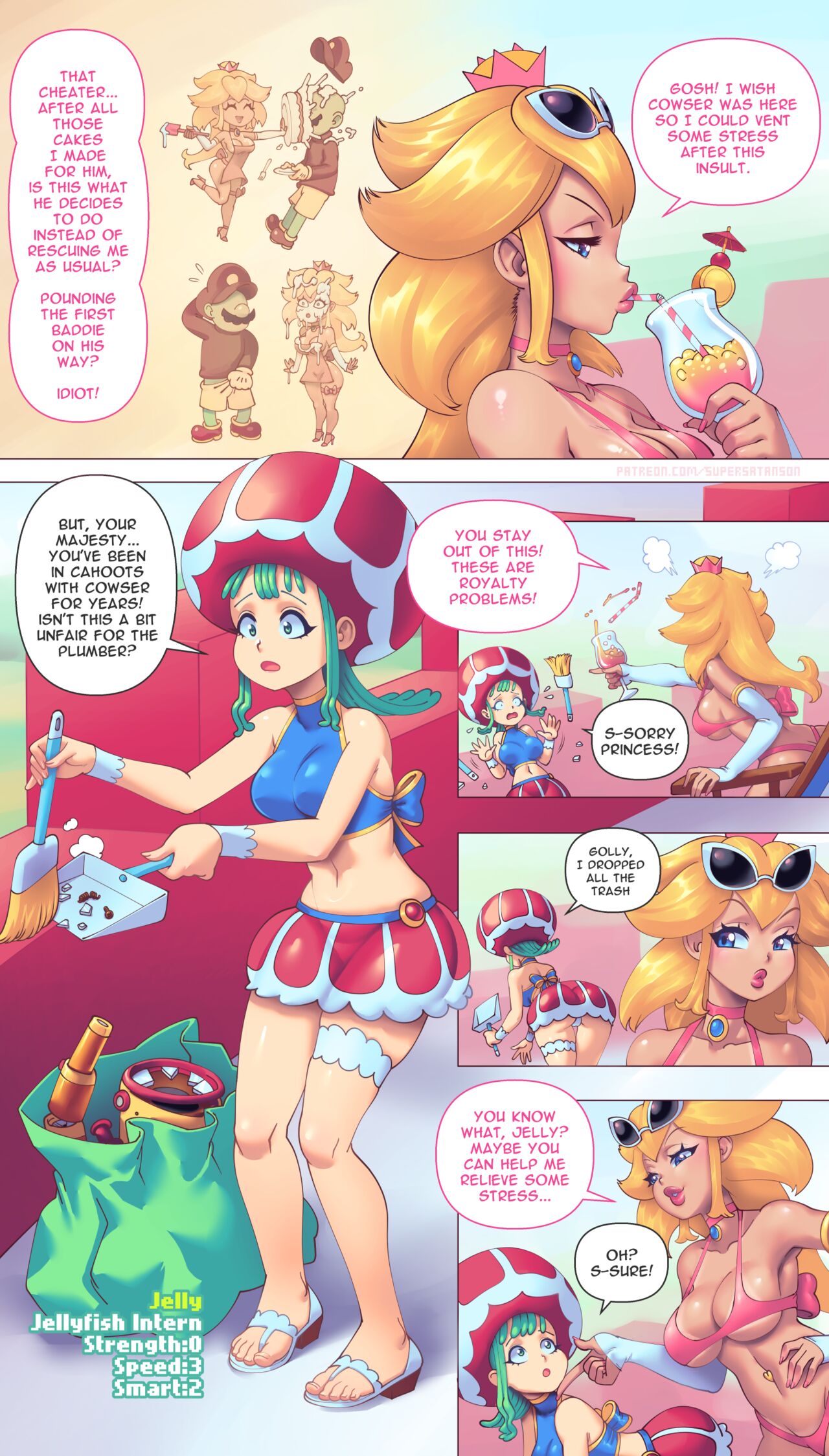 1boy, 2girls, comic, english text, female, female focus, male, mario, mario (series), multiple boys, multiple males, open toe shoes, princess peach, speech bubble, super mario bros., supersatanson, text, toad (mario)