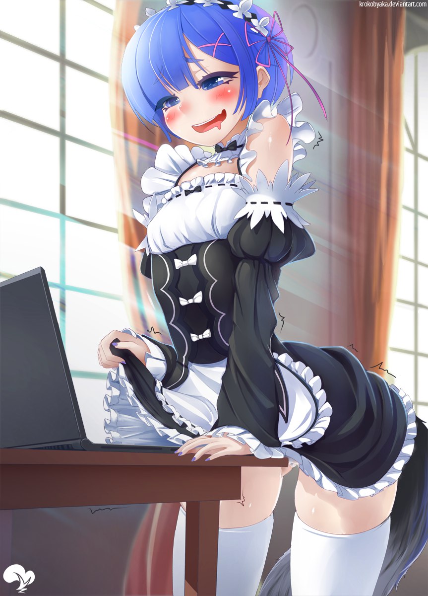 1girls apron blue_eyes blue_hair bowtie breasts curtains detached_collar hair_ornament krokobyaka laptop maid maid_apron maid_headdress maid_uniform masturbation open_mouth painted_fingernails re:zero_kara_hajimeru_isekai_seikatsu rem_(re:zero) roswaal_mansion_maid_uniform short_hair small_breasts source_request table table_humping tail teenage_girl teenager thighhighs waist_apron window year_request