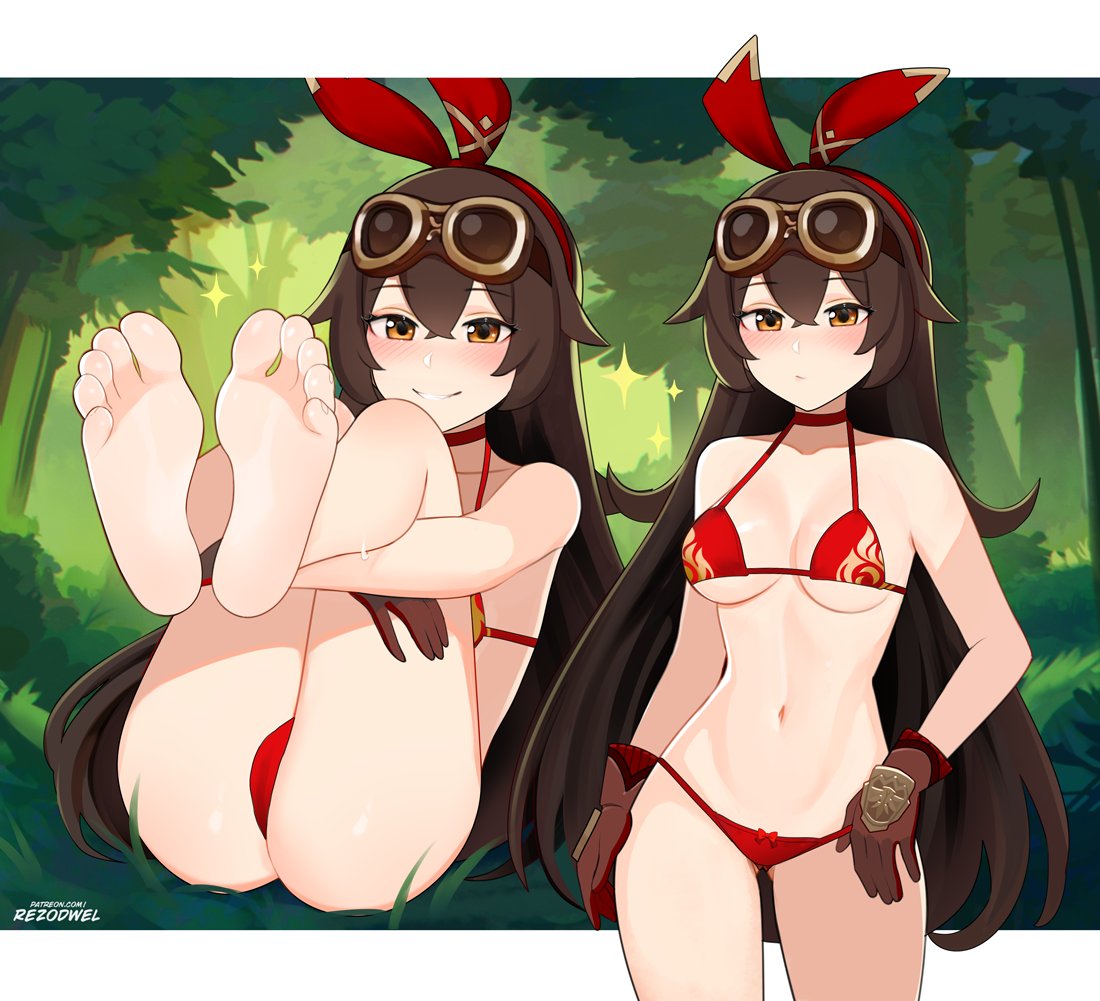 1girls, amber (genshin impact), barefoot, bikini, blush, brown eyes, brown hair, feet, female, foot fetish, genshin impact, gloves, goggles, hair ornament, long hair, looking at viewer, partially clothed, presenting, presenting feet, presenting soles, rezodwel, ribbon, smile, soles, solo, standing, tagme