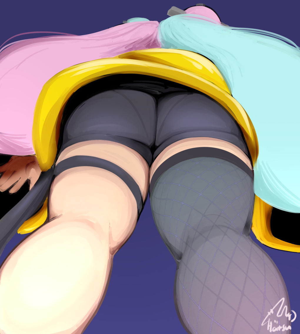 1girls, ass, ass focus, big ass, black shorts, blue hair, bottomwear, female, female only, fishnet, fishnet legwear, game freak, hatsumiilkshake, huge ass, iono (pokemon), jacket, legwear, nintendo, pantylines, pink hair, pokemon, pokemon sv, pokemon trainer, shorts, solo, solo female, thick thighs, thighhighs, thighs, topwear, twintails, two-tone hair, upward angle between legs, yellow jacket