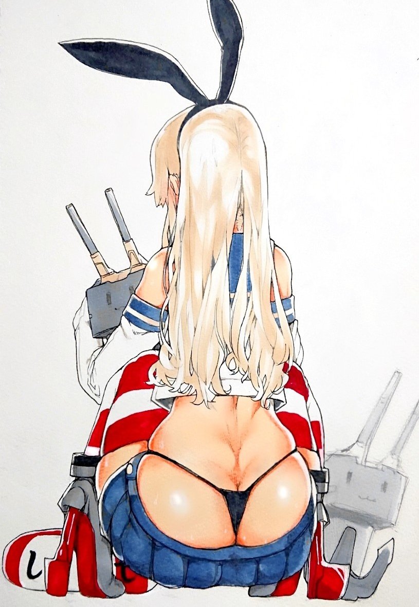 anchor ass ass_cleavage bare_shoulders black_panties blonde_hair butt_crack clothed clothing crop_top elbow_gloves facing_away female from_behind gloves hairband highleg highleg_panties kantai_collection lifebuoy microskirt panties rensouhou-chan ribbon rudder_footwear sabusupi shimakaze_(kantai_collection) simple_background skindentation skirt squatting striped striped_thighhighs thighhighs thong underwear white_background white_gloves