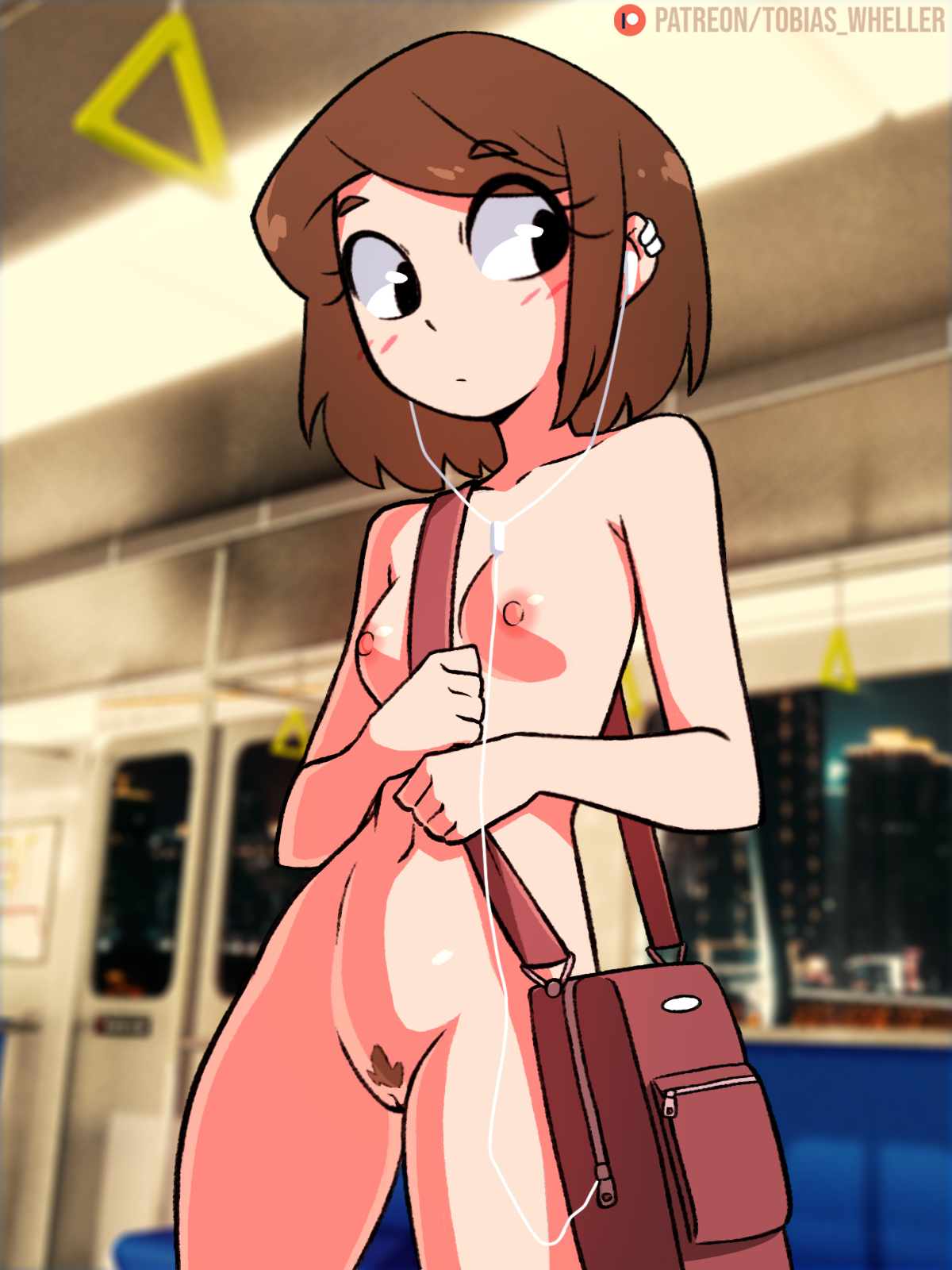 1girls, areolae, bag, black eyes, breasts, brown hair, cassie (tobias wheller), casual, completely nude, cute, earbuds, electronics, exhibitionism, female, female focus, female only, hourglass figure, human, light skin, light-skinned female, nude, oc, original, pale skin, photo background, pubic hair, public, public nudity, pussy, small breasts, solo, solo female, solo focus, tagme, tobias wheller, train, train interior, vagina