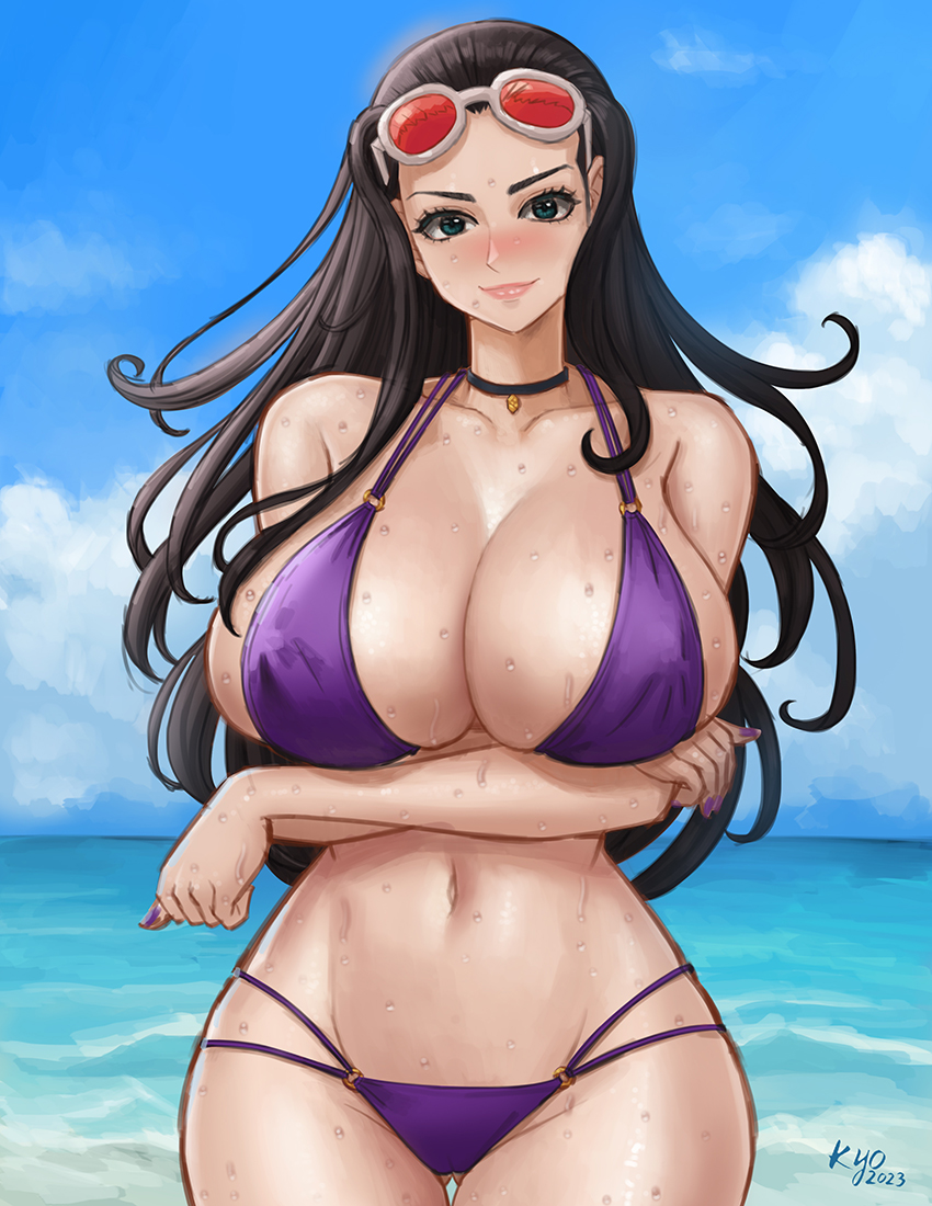 1girls bikini black_hair blue_eyes breasts cleavage eyewear_on_head female female_only huge_breasts kyopink light-skinned_female light_skin long_hair nico_robin one_piece outdoors post-timeskip purple_bikini solo sunglasses_on_head thighs