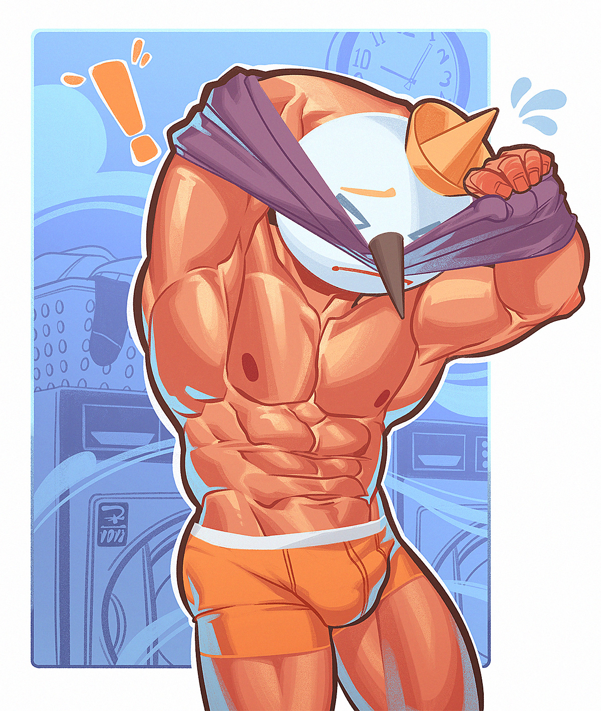 1boy, bulge, cute, den ai d, flaccid, jack box, jack in the box, male, male only, mascot, muscular, nervous sweat, penis, solo, solo male, struggling, taking clothes off, underwear