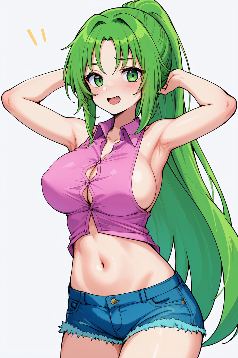 07th_expansion 1girls ai_generated armpits arms_behind_head big_breasts busty cleavage denim denim_shorts female female_only green_eyes green_hair higurashi_no_naku_koro_ni large_breasts legs long_hair midriff mion_sonozaki navel ponytail pose posing sensual sexy_armpits shorts sideboob sleeveless smile solo thighs voluptuous