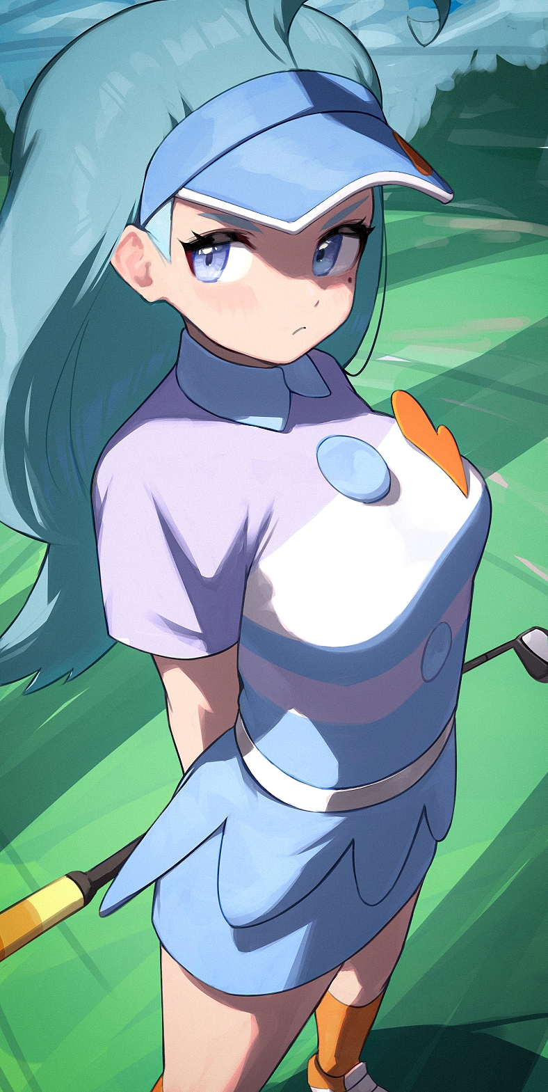 1girls, adorable, blue eyes, blush, cute, cute face, female, female only, game freak, hizake, kahili (pokemon), kashu (hizake), light blue hair, nintendo, pokemon, pokemon sm, solo, tagme
