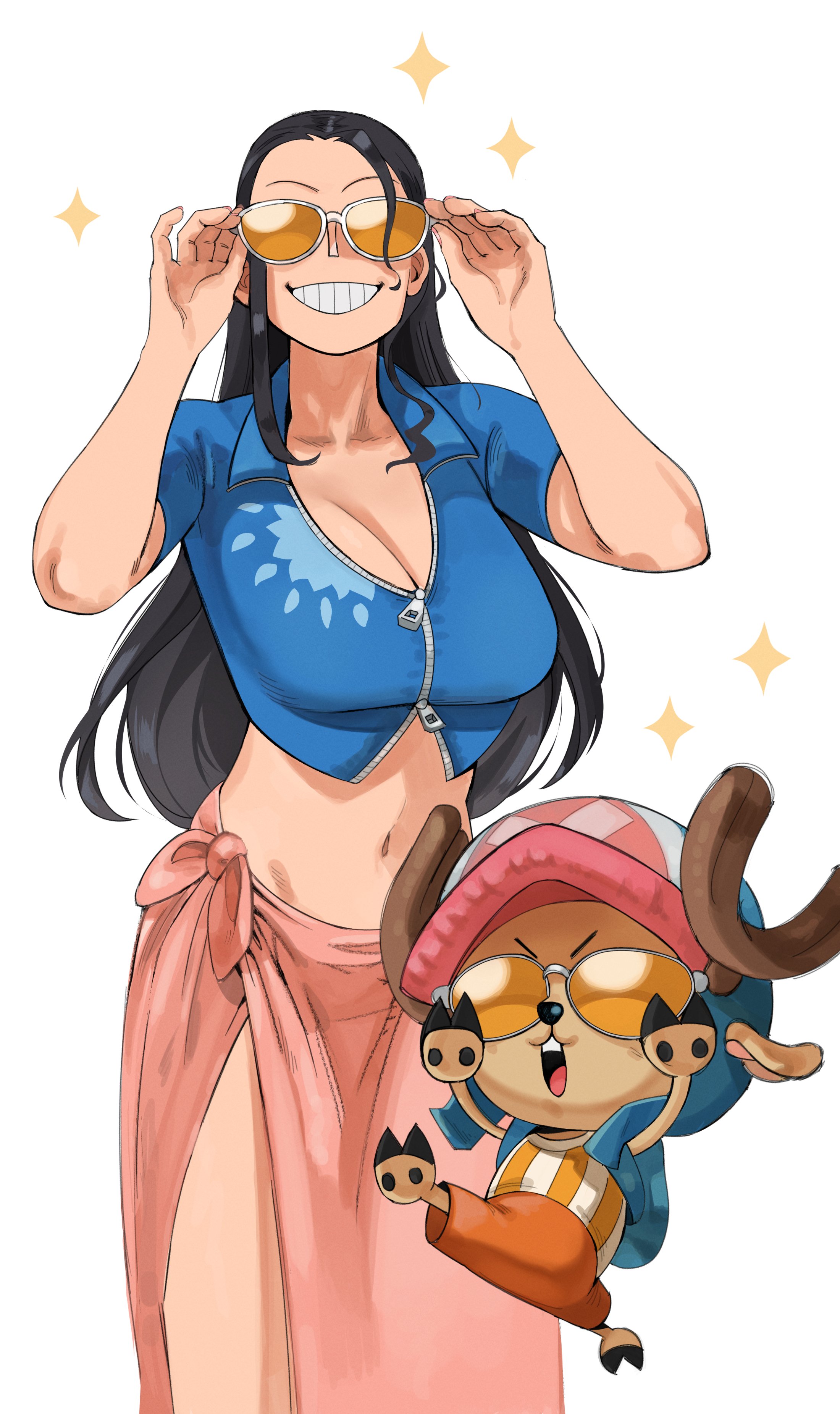 1girls, adjusting eyewear, adjusting glasses, adjusting sunglasses, big breasts, black hair, black-haired female, breasts, cervid, cervine, cleavage, deer, female, iago fnt, lago fnt, male, nico robin, one piece, post-timeskip, sarong, sunglasses, tagme, tinted eyewear, tony tony chopper, yellow-tinted eyewear