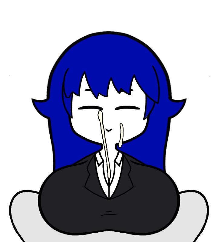 1boy 1girls black_eyes blue_hair bongbong chibi chibi_style closed_eyes clothed_paizuri cum cumming cumshot drei_(artist) ejaculation ejaculation_between_breasts eyes_closed huge_breasts lobotomy_corporation meme paizuri paizuri_under_clothes project_moon smile straight suit