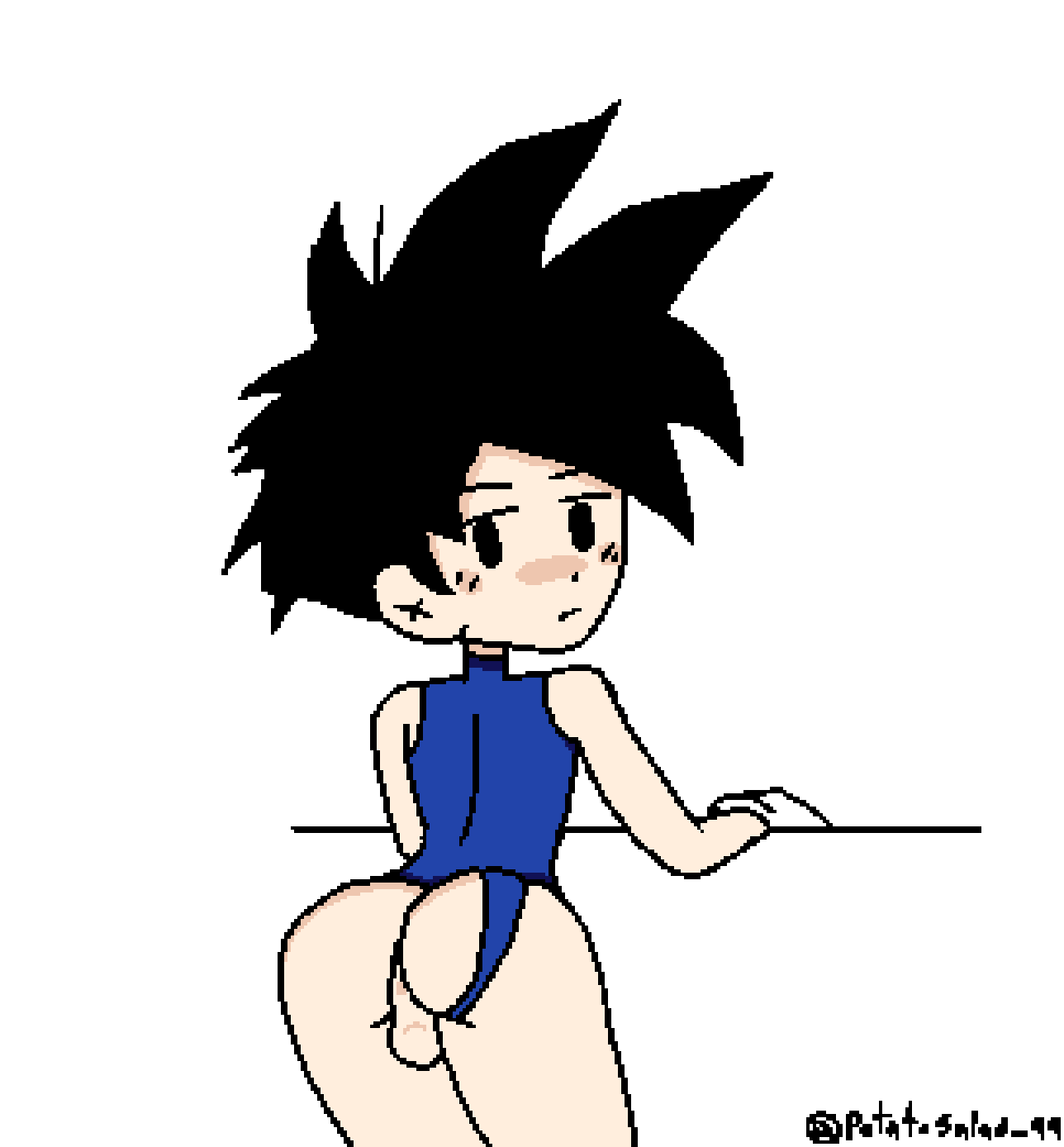 alternate_version_available ass dragon_ball dragon_ball_z femboy gloves leotard leotard_aside potatodoodles solo son_gohan son_gohan_(young) straight_hair tagme white_background yaoi