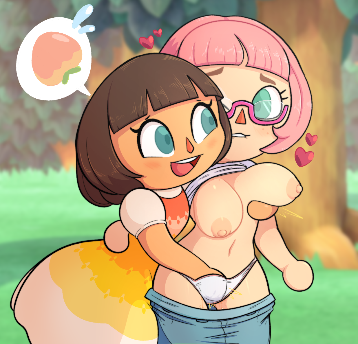2022, animal crossing, animal crossing girl, animal crossing new horizons, biting lip, blue eyes, breasts, brown hair, clothed female nude female, dark skin, dark-skinned female, female, floating heart, freckles, gametimeasia, glasses, green eyes, hand around waist, hand in another's panties, hand on breast, holding breast, interracial, interracial yuri, large breasts, nintendo, one eye closed, one eye obstructed, only player, outdoors, outside, pants down, pink hair, pussy, pussy juice, shirt lift, speech bubble, villager (animal crossing), yuri