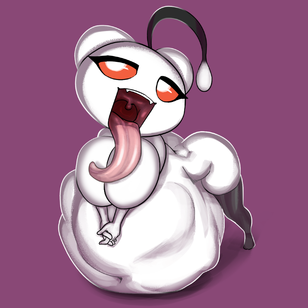 antennae big_belly covering_breasts female_only holding_hands huge_belly implied_vore long_tongue mawshot open_mouth orange_sclera reddit small_legs snoo stockings vore white_body white_skin