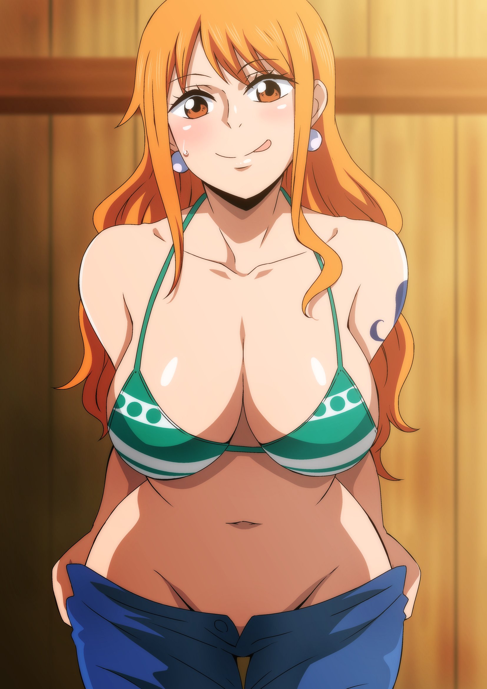 1girls, arm tattoo, bare shoulders, belly button, big breasts, bikini, blue tattoo, bra, breasts, brown eyes, cleavage, earrings, female, female only, groin, hair between eyes, hara (harayutaka), jeans, large breasts, long hair, looking at viewer, nami (one piece), one piece, orange hair, orange-haired female, pearl earrings, post-timeskip, solo focus, striped bikini, tattoo, tattoo on arm, tattooed arm, tongue, tongue out, uncensored, undressing, v-line, white earrings