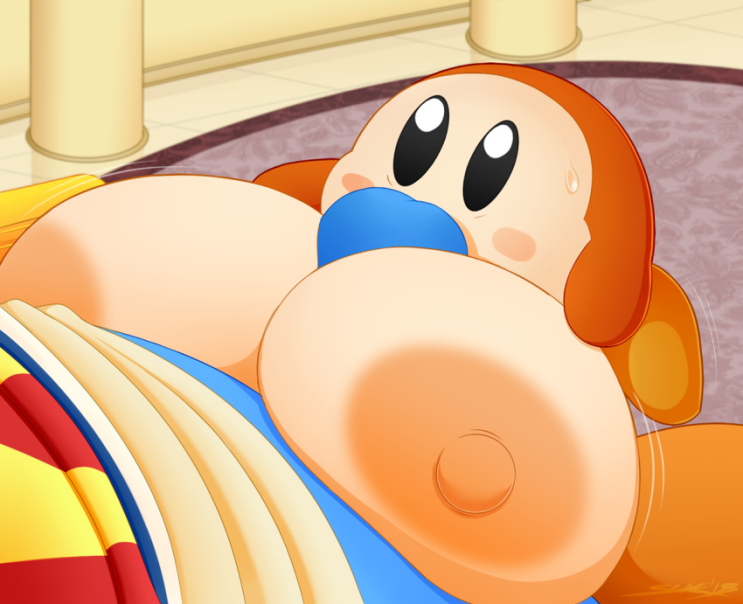 2018 areola ball_with_hyper_features black_eyes blue_penis breasts_bigger_than_body hyper_breasts king_dedede kirby_(series) nintendo nipples paizuri penis questionable_consent rule_63 size_difference slickehedge small_body source_request sweat sweatdrop waddle_dee waddling_head