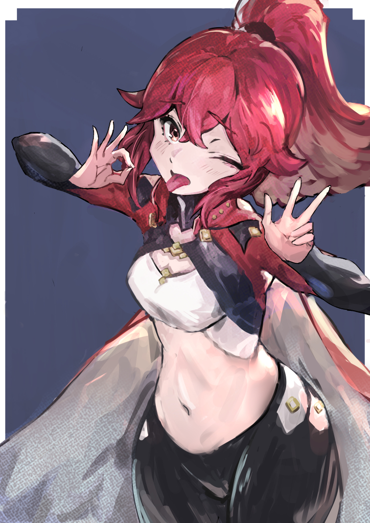 1girls anna_(fire_emblem) anna_(fire_emblem_engage) black_pants blue_background breasts cape cola_bcde commentary_request cowboy_shot crop_top female female_only fire_emblem fire_emblem_engage hair_between_eyes leggings long_hair long_sleeves looking_at_viewer medium_breasts midriff navel nintendo ok_sign one_eye_closed pants ponytail red_hair solo standing stomach tongue tongue_out w