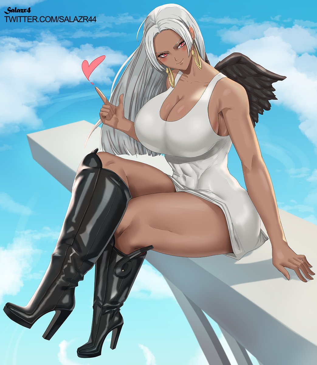 1girls aged_up big_breasts black_wings boots breasts busty dark-skinned_female dark_skin female female_focus female_only high_heel_boots high_heels huge_breasts knee_boots large_breasts one_piece s-snake_(one_piece) salazr4 seraphim_(one_piece) solo white_hair