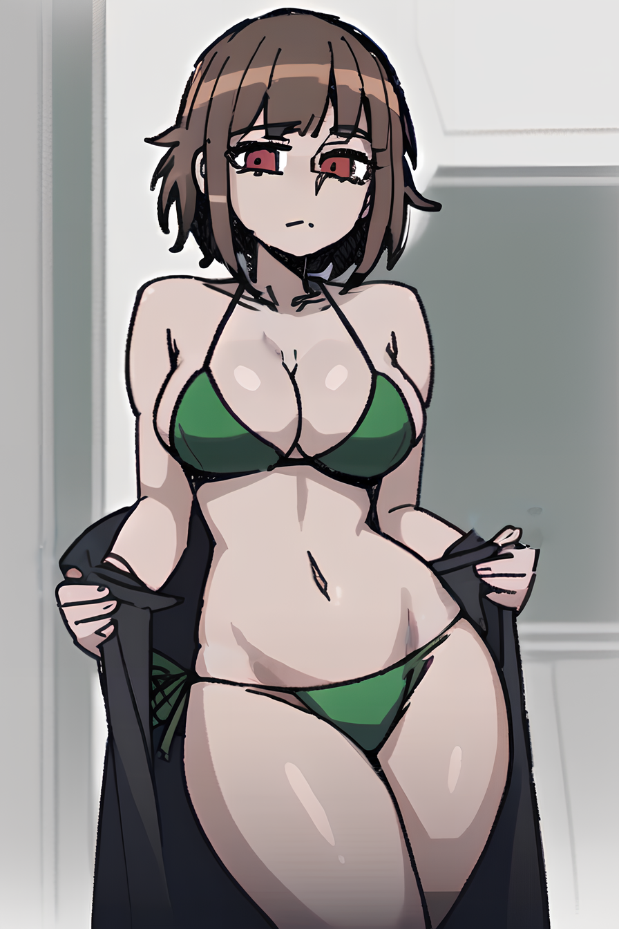 2d ai_generated bikini breasts brown_hair chara color gardener_ai green_bikini helltaker_(style) red_eyes short_hair side-tie_bikini stable_diffusion thick_thighs thin_waist undertale undertale_(series) undressing wide_hips