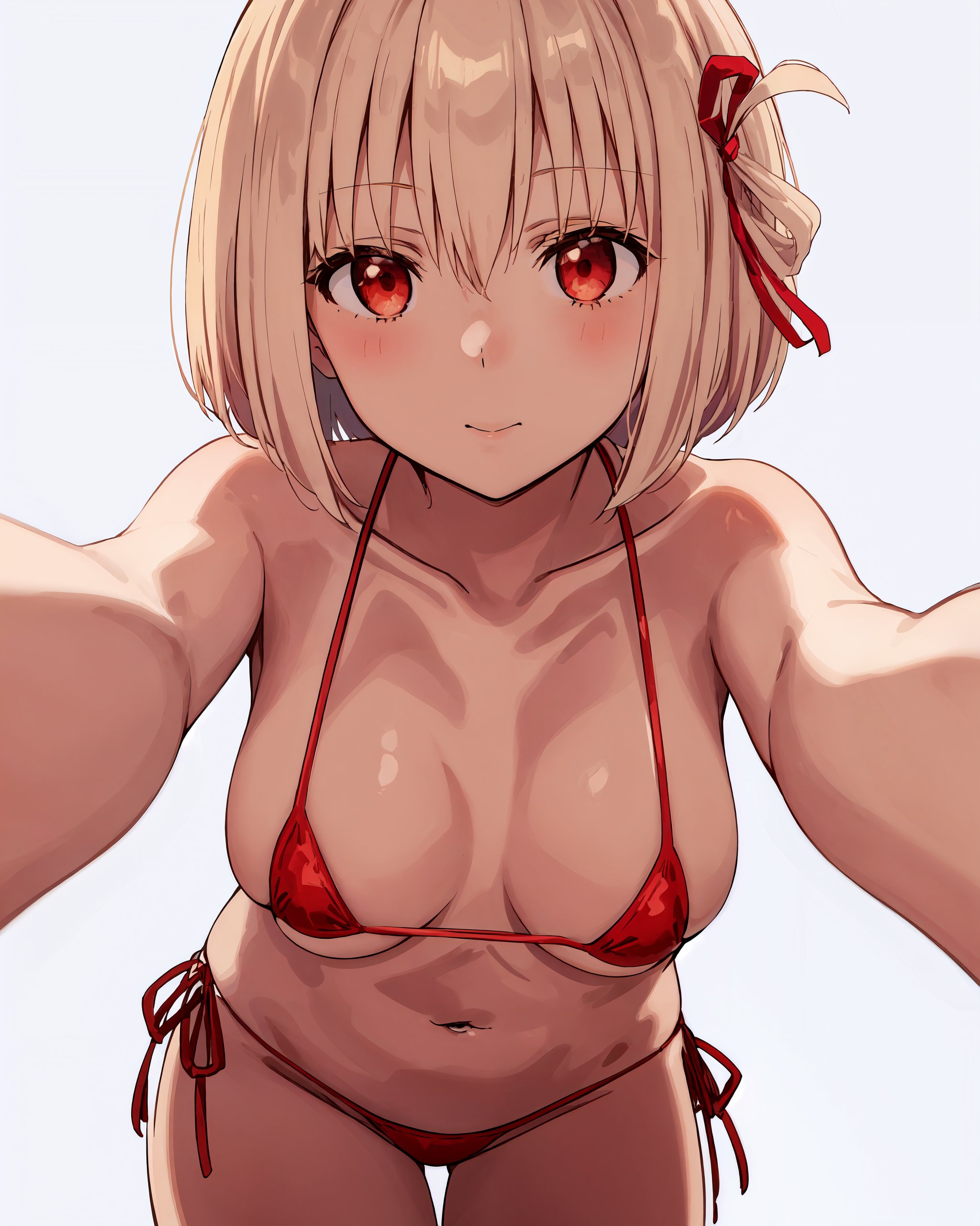 1girls, ai generated, big breasts, bikini, blonde hair, breasts, female, lycoris recoil, micro bikini, nishikigi chisato, red eyes, selfie, young, younger female