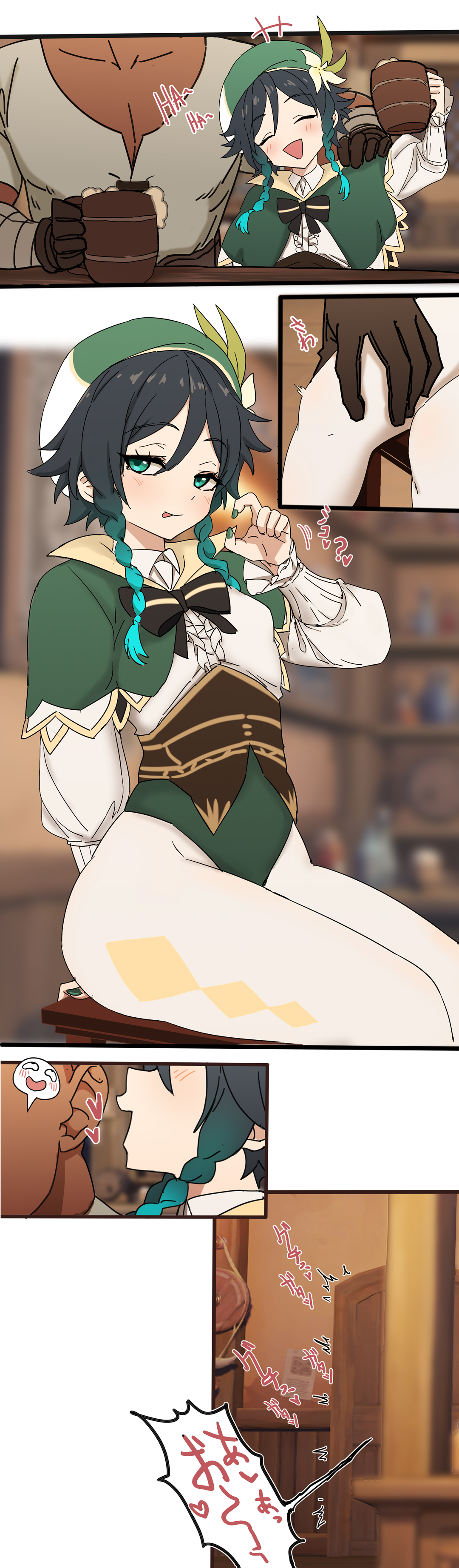 2boys, alcohol, beer, blush, comic, dark skin, dark-skinned male, drunk, femboy, gay, genshin impact, girly, groping, hand gesture, implied oral, leg grab, looking at viewer, male, male only, oral invitation, oukawa, smile, taller male, tavern, thick thighs, thigh grab, trap, twin braids, twink, venti (genshin impact), whispering, white legwear, yaoi