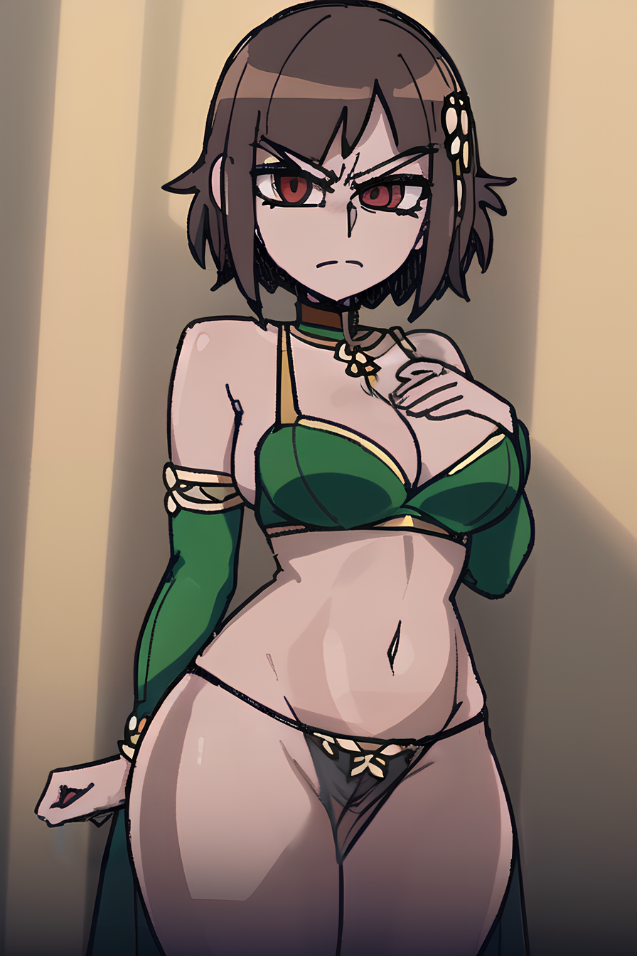 1girls 2d ai_generated annoyed arabian_clothes bikini breasts brown_hair chara cleavage color curvy gardener_ai harem_outfit helltaker_(style) loincloth medium_breasts midriff navel red_eyes revealing_clothes short_hair skimpy slave_bikini stable_diffusion thick_thighs thong undertale undertale_(series) wide_hips