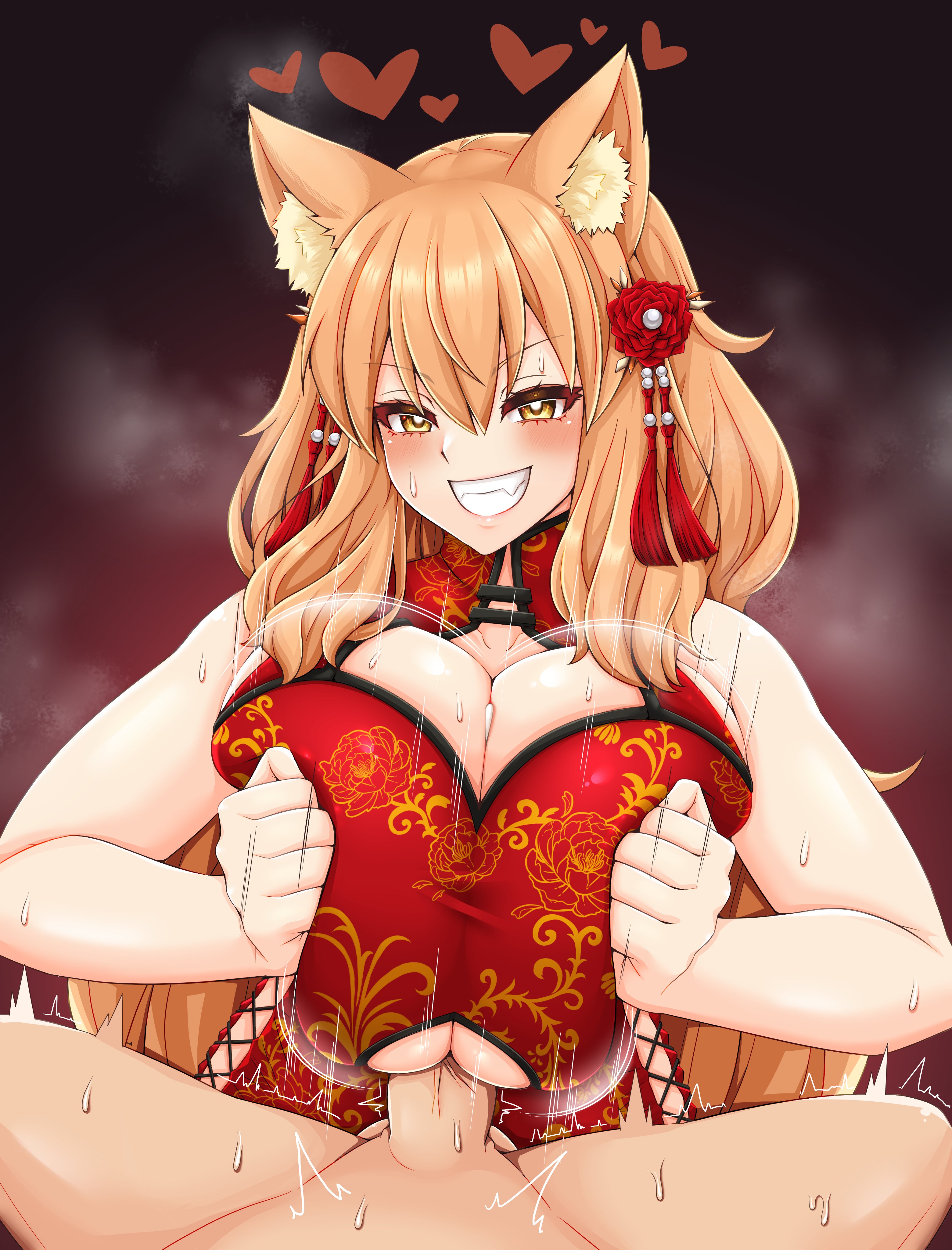 1boy, 1girls, animal ears, blush, breasts, cat ears, cat girl, catgirl, cheongsam, china dress, chinese clothes, cleavage, clenched teeth, den (den zuri555), eyebrows visible through hair, fate (series), fate/extra ccc, fate/grand order, female, huge breasts, light skin, light-skinned female, light-skinned male, male, male pov, paizuri, penis, pov, pov paizuri, pressing breasts together, smile, suzuka gozen (fate), yellow eyes