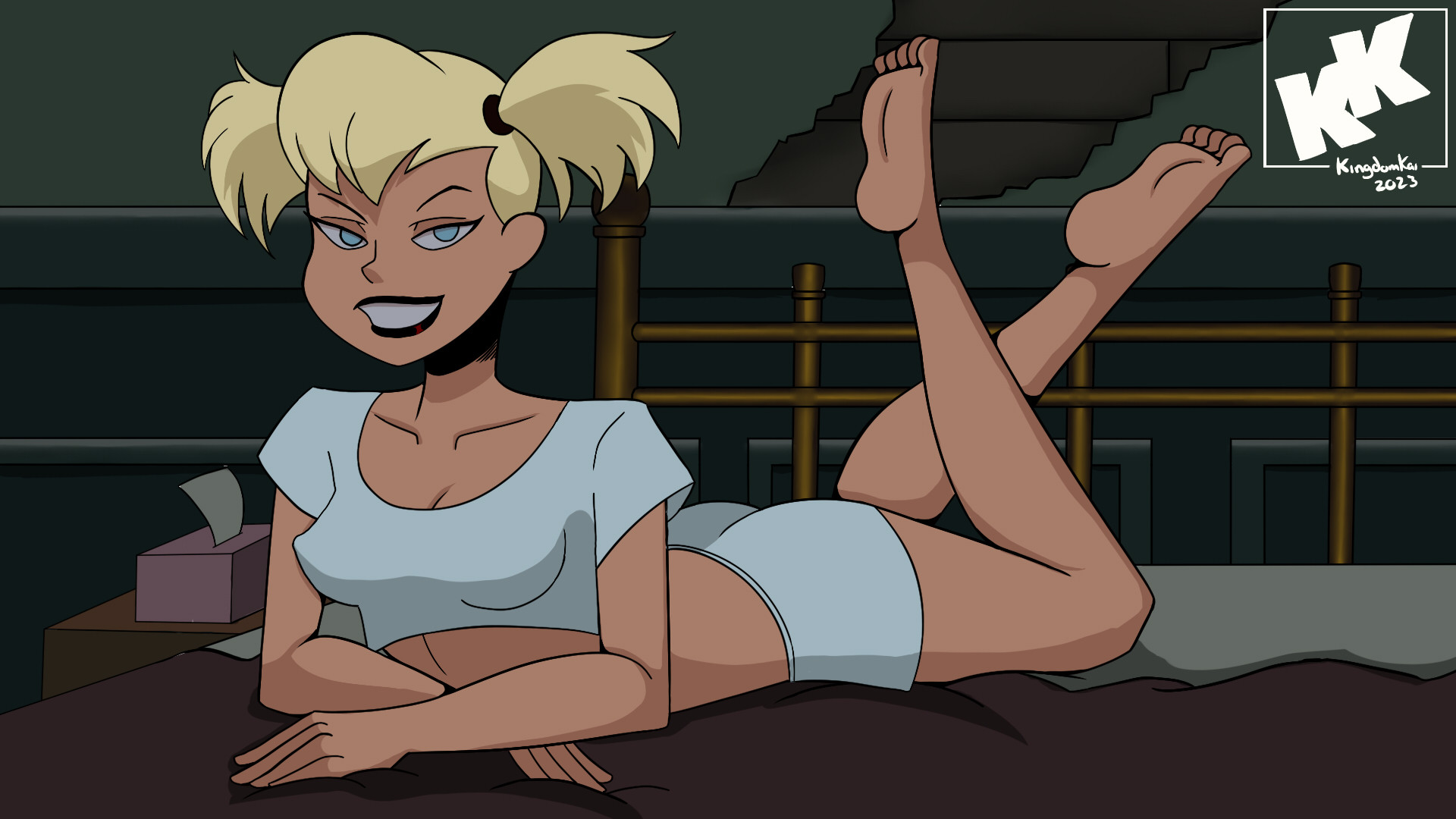 1girls, 2023, batman (series), batman: the animated series, bedroom eyes, blonde hair, blue eyes, breasts, crop top, dc, dc comics, dcau, feet, female, female only, harleen quinzel, harley quinn, kingdomkai, legs, looking at viewer, medium breasts, on stomach, pigtails, pose, posing, short shorts, solo, tagme, the new batman adventures, thighs