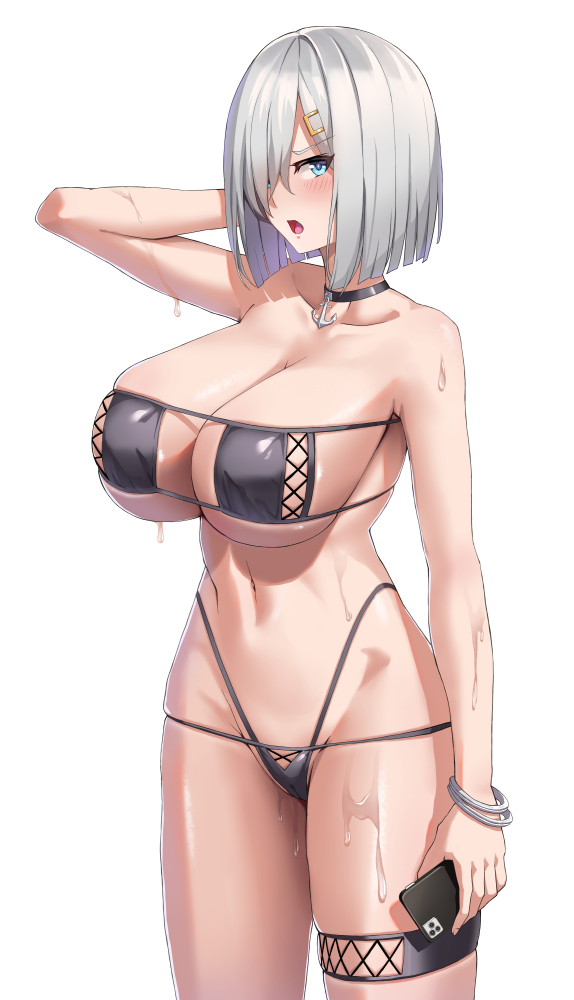 anchor_choker arm_behind_head bikini black_bikini black_choker blue_eyes blush bracelet breasts cellphone choker collarbone eyepatch_bikini female grey_hair hair_over_one_eye hamakaze_(kantai_collection) holding holding_phone jewelry kantai_collection large_breasts looking_at_viewer phone short_hair simple_background smartphone solo swimsuit thigh_strap toned white_background yashiro_(silver_will)