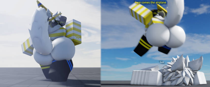 1boy, 1girls, 2boys, 3d, ambiguous gender, ass, baseplate, big ass, female, femboy, furry, imminent facesitting, luvia (mermio), male, massive ass, mermio, roblox, robloxian, tagme, text