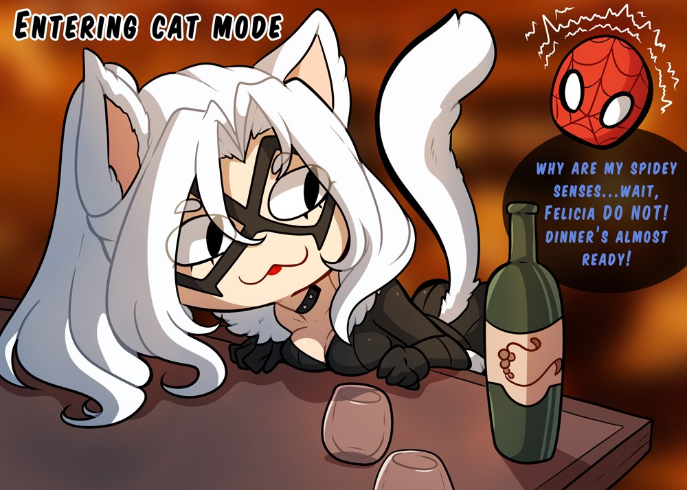 :3, 1boy, 1girls, animal ears, ass, big ass, black cat (marvel), bodysuit, breasts, cat ears, cat girl, cat tail, catgirl, chibi, cleavage, english text, felicia hardy, female, female focus, kinkymation, male, marvel, marvel comics, medium breasts, peter parker, smile, solo focus, spider-man, spider-man (series), tail, text