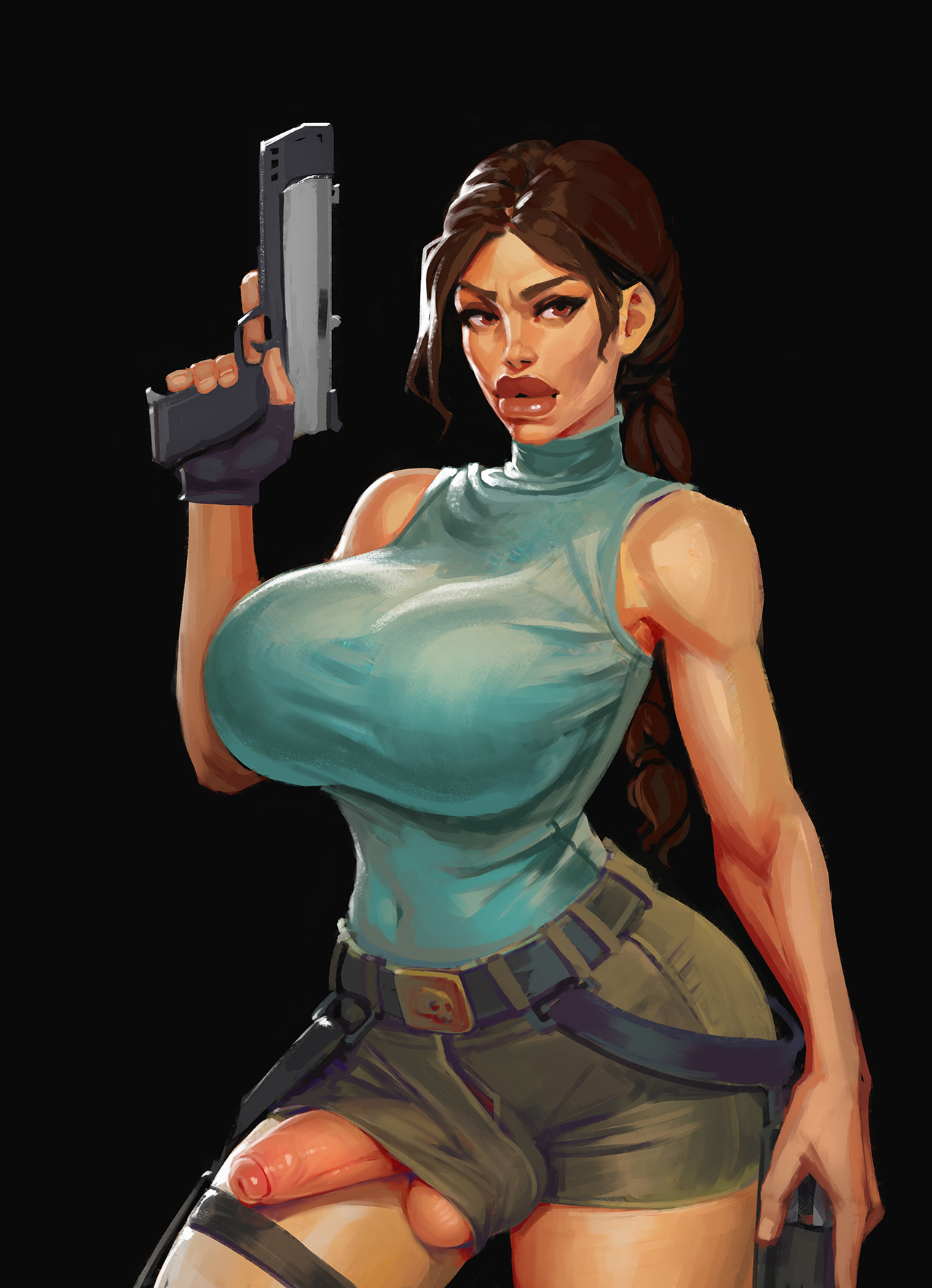 1futa, balls, big breasts, big penis, boobsgames, braid, breasts, brown eyes, brown hair, busty, clothed, clothing, erection, foreskin, fully clothed, futa only, futanari, hourglass figure, human, intersex, lara croft, lara croft (survivor), light skin, light-skinned futa, lipstick, medium hair, partially retracted foreskin, penis, penis through leghole, retracted foreskin, solo, standing, tomb raider, tomb raider (survivor), uncircumcised, uncut, wide hips