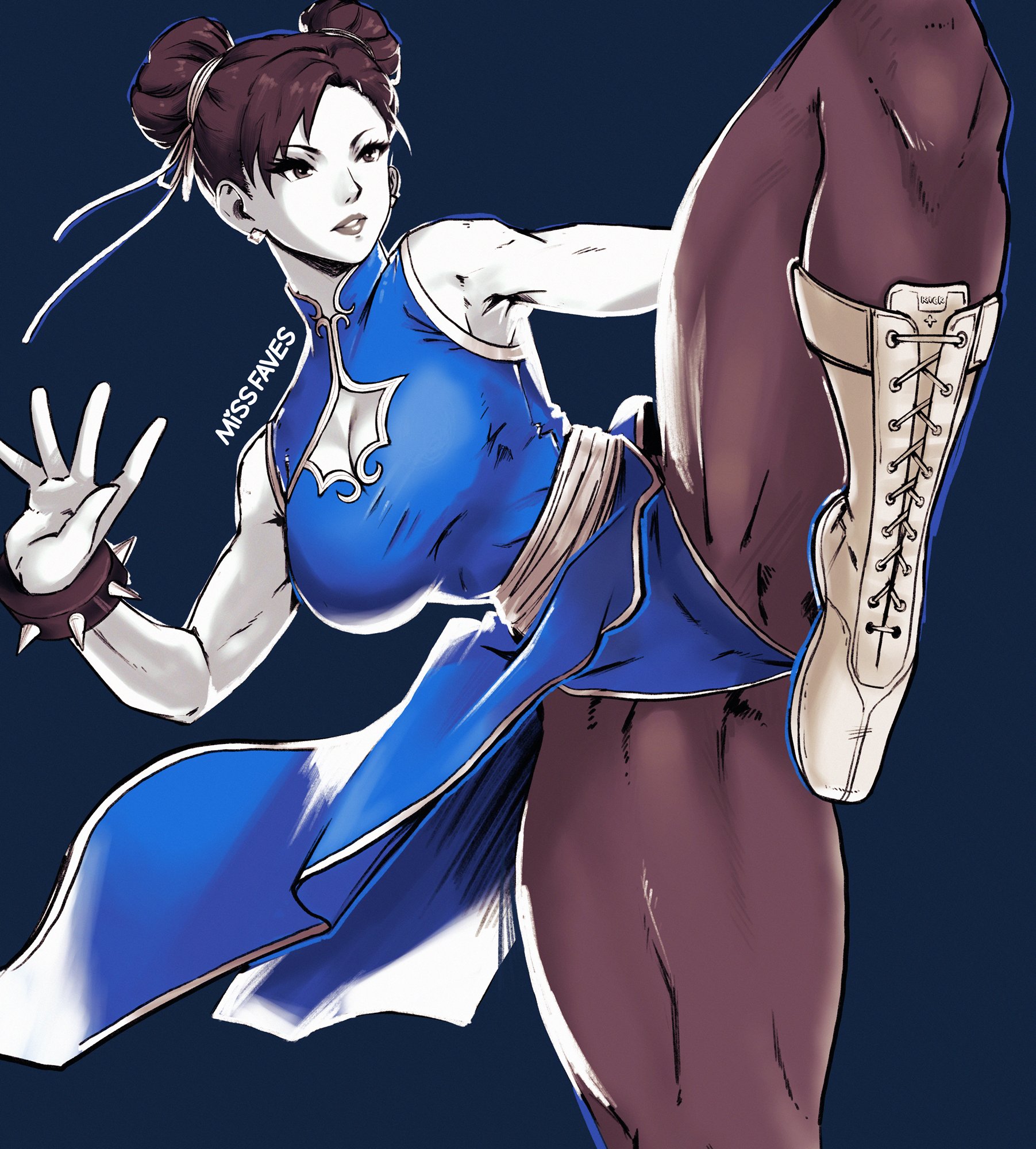 1girls, artist name, boots, bracelet, breasts, brown hair, capcom, china dress, chinese clothes, chun-li, cleavage, commentary, cross-laced footwear, double bun, dress, earrings, eyelashes, female, female only, fighting stance, fully clothed, hair bun, hi res, jewelry, large breasts, missfaves, pantyhose, parted lips, short hair, solo, spiked bracelet, spikes, standing, standing on one leg, street fighter, teeth, twitter username, white footwear