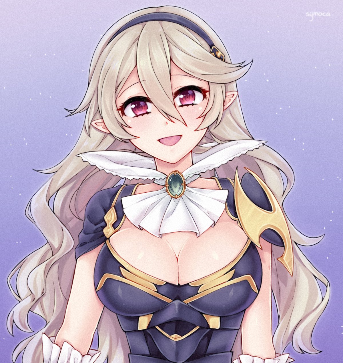 1girls alternate_costume breasts cleavage corrin_(female)_(nohr_noble)_(fire_emblem) corrin_(fire_emblem) corrin_(fire_emblem)_(female) female female_only fire_emblem fire_emblem_fates fire_emblem_heroes grey_hair hairband large_breasts looking_at_viewer nintendo official_alternate_costume pointy_ears red_eyes solo symoca