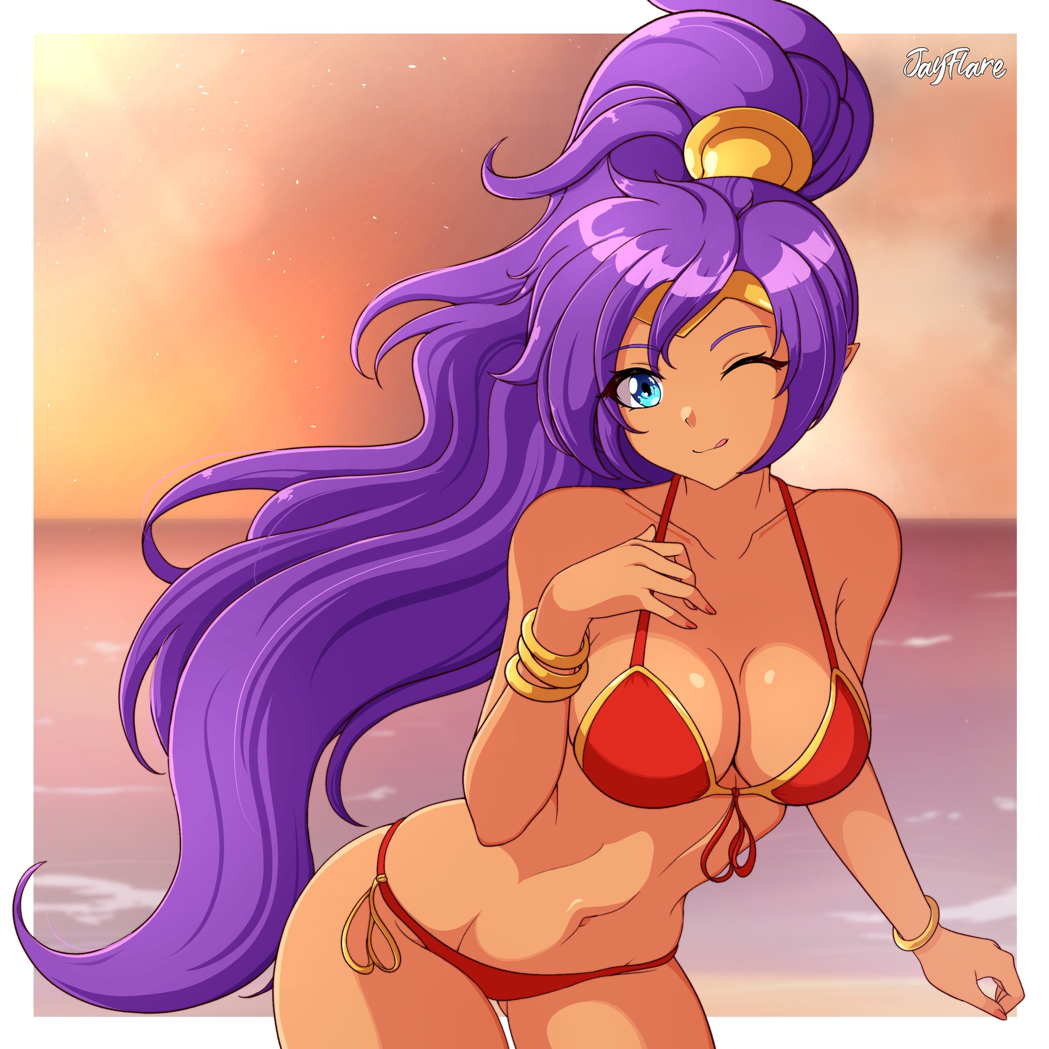 1girls, beach, bikini, blue eyes, bracelets, breasts, clouds, female, jay flare, large breasts, looking at viewer, midriff, navel, ocean, outside, painted fingernails, ponytail, purple hair, red bikini, red swimsuit, shantae, shantae (character), sky, solo, solo female, sunset, swimsuit, water