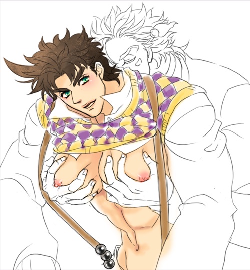 2boys battle_tendency caesar_zeppeli gay jojo's_bizarre_adventure joseph_joestar male male/male male_nipples male_only muscular_male pecs touching_chest yaoi