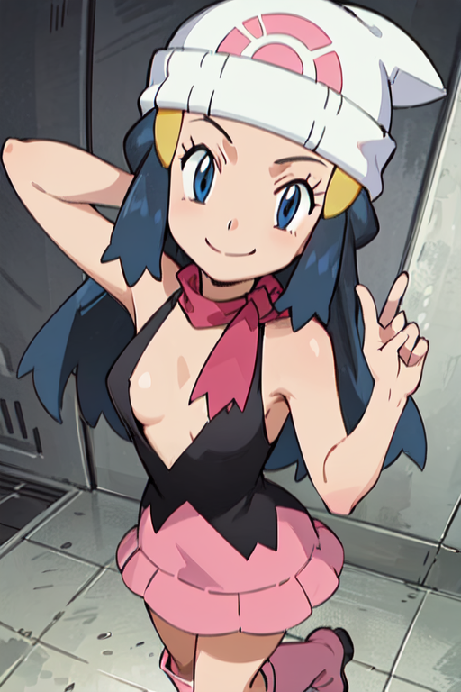 ai_generated black_shirt blue_eyes blue_hair breasts cleavage creatures_(company) dawn_(pokemon) female game_freak gen_4_pokemon inner_sideboob long_hair looking_at_viewer nintendo no_bra pink_scarf plunging_neckline pokemon pokemon_(anime) pokemon_dppt scarf shirt skirt sleeveless small_breasts smile thighs white_headwear