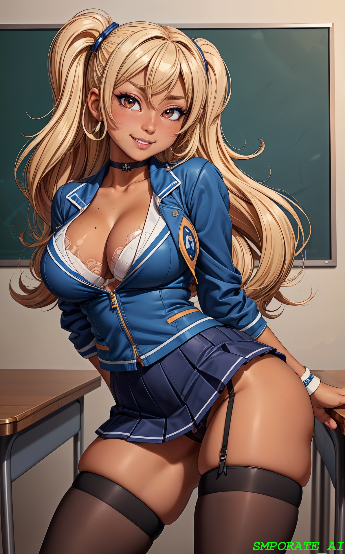 1girls, ai generated, big breasts, blonde female, blonde hair, blonde-haired female, breasts, classroom, cleavage, female, female focus, female only, gyaru, hi res, kogal, looking at viewer, miniskirt, original, school, school uniform, schoolgirl, self upload, smile, smiling, smporate ai, solo female, solo focus, stable diffusion, tan, tan-skinned female, tanned skin, thick, thick thighs, thighs