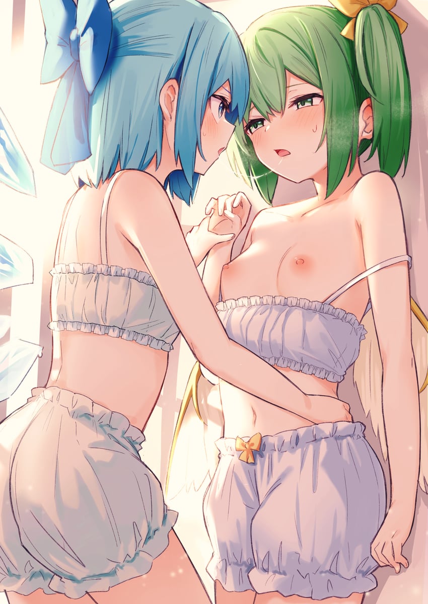 2girls blue_eyes blue_hair blue_ribbon blush borushichi cirno daiyousei fairy fairy_wings green_eyes green_hair green_ribbon intimate kissing nipples partially_clothed partially_clothed_female ribbon saliva_string small_breasts touhou yuri