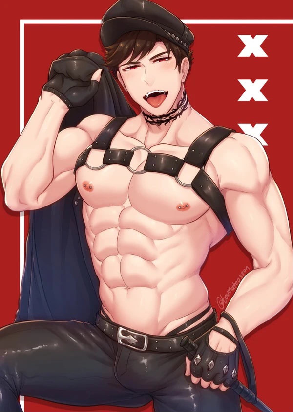 abs bdsm_gear belial belial_(granblue_fantasy) belial_kun black_hair bondage demon demon_humanoid domination escort harness hat incubus leather leather_harness leather_whip male male_only muscular muscular_arms muscular_male no_visible_genitalia pecs prostitution red_eyes solo_male submissive tattoo tight_clothing tight_pants tongue tongue_out toumator18 whip