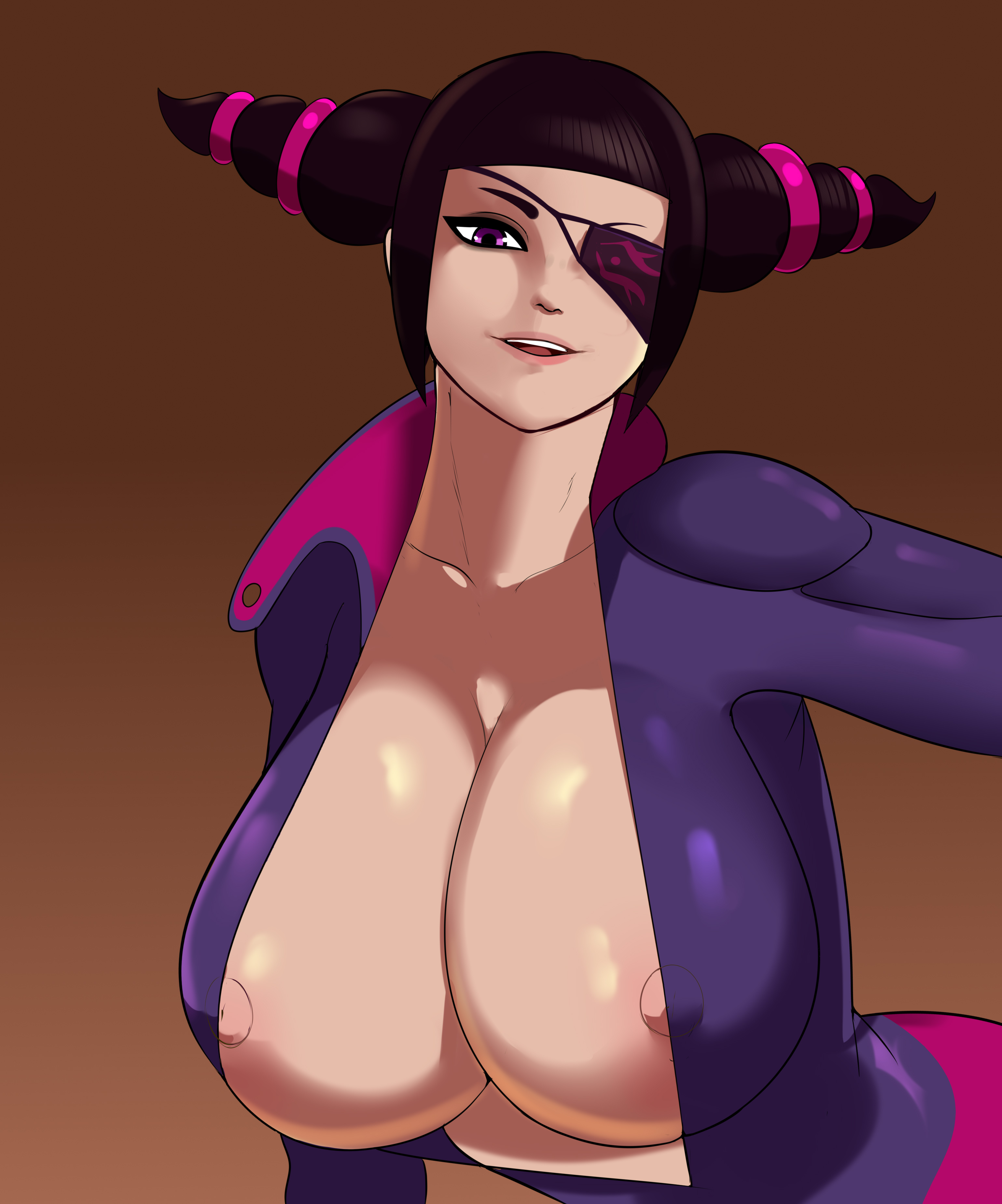 1girls, alternate breast size, areolae, asian, asian female, big breasts, bodysuit, breasts, capcom, cleavage, cleavage cutout, eyepatch, female, female focus, female only, g3mma, hair bun, huge breasts, juri han, large breasts, light skin, light-skinned female, looking at viewer, nipples, pale skin, pale-skinned female, simple background, skin tight, skin tight suit, solo, solo female, solo focus, street fighter