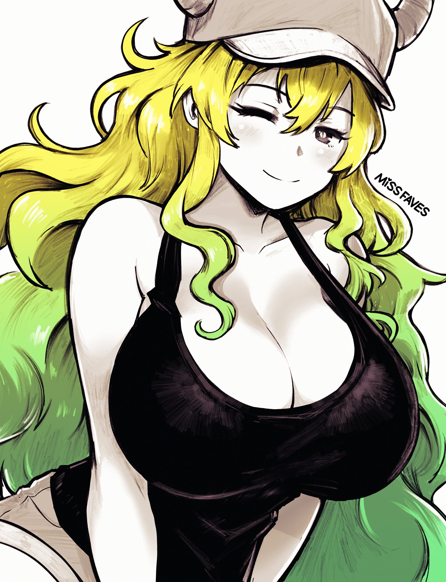 armpit crease, artist name, bare shoulders, baseball cap, black eyes, black tank top, blonde hair, breasts, bright pupils, cleavage, closed mouth, commentary, double-parted bangs, eyelashes, female, gradient hair, green hair, hair between eyes, hat, highres, horns, huge breasts, kobayashi-san chi no maidragon, long hair, lucoa, miss kobayashi's dragon maid, missfaves, multicolored hair, one eye closed, quetzalcoatl (dragon maid), simple background, smile, solo, tank top, twitter username, two-tone hair, white background, white headwear