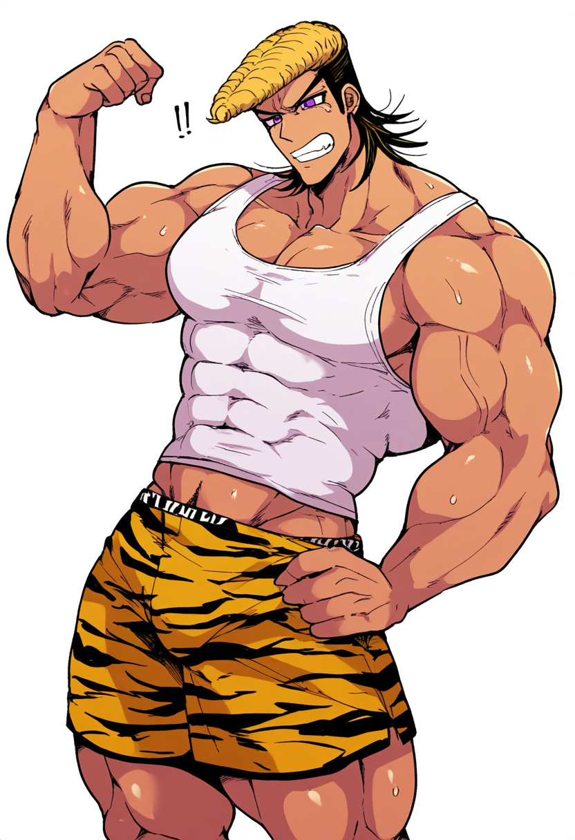 1boy abs bara biceps danganronpa flexing hyper_muscles male male_only mondo_oowada muscles muscular pecs purple_eyes solo sweat tight_clothing underwear veins white_vest