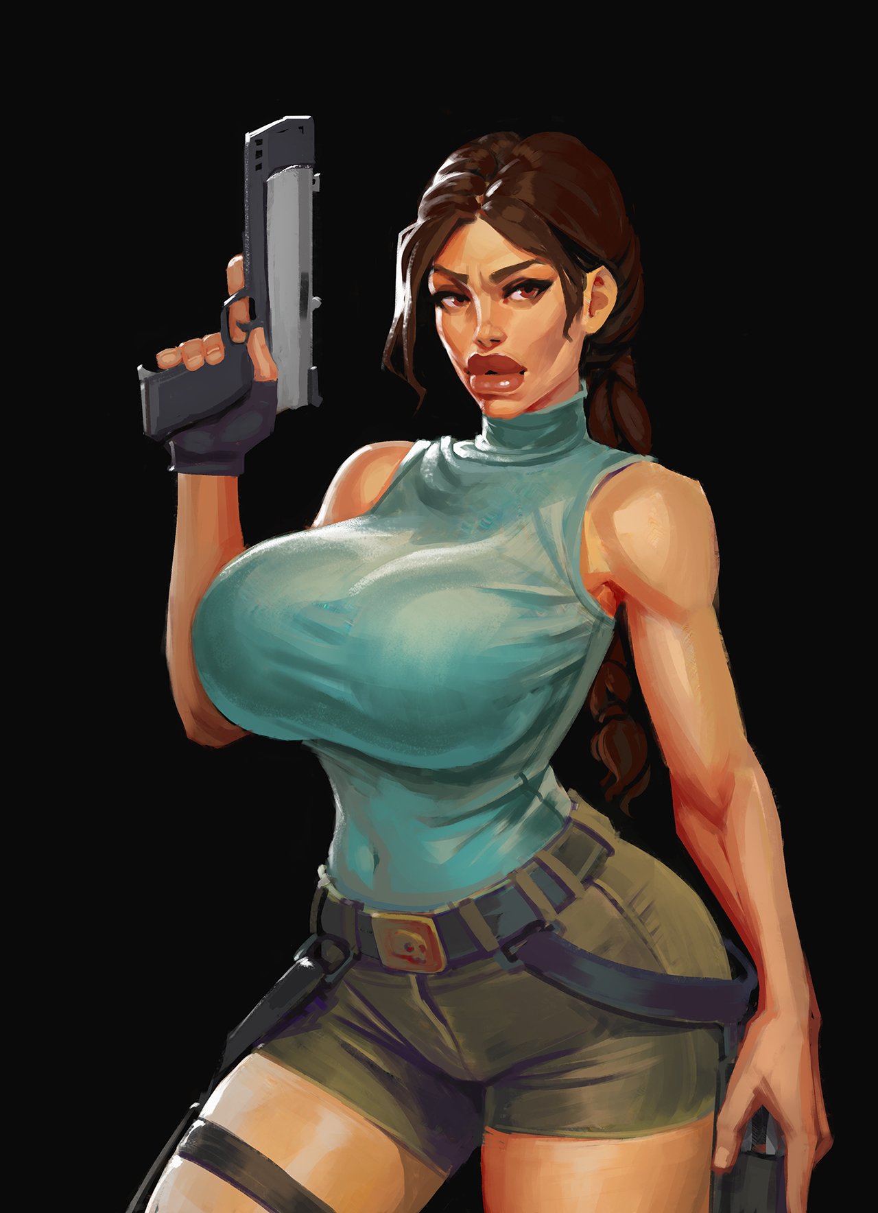 1girls, boobsgames, braid, breasts, brown eyes, brown hair, busty, female, female focus, female only, hourglass figure, human, human female, lara croft, lara croft (classic), lara croft (survivor), lipstick, solo, tagme, tomb raider, tomb raider (survivor), wide hips