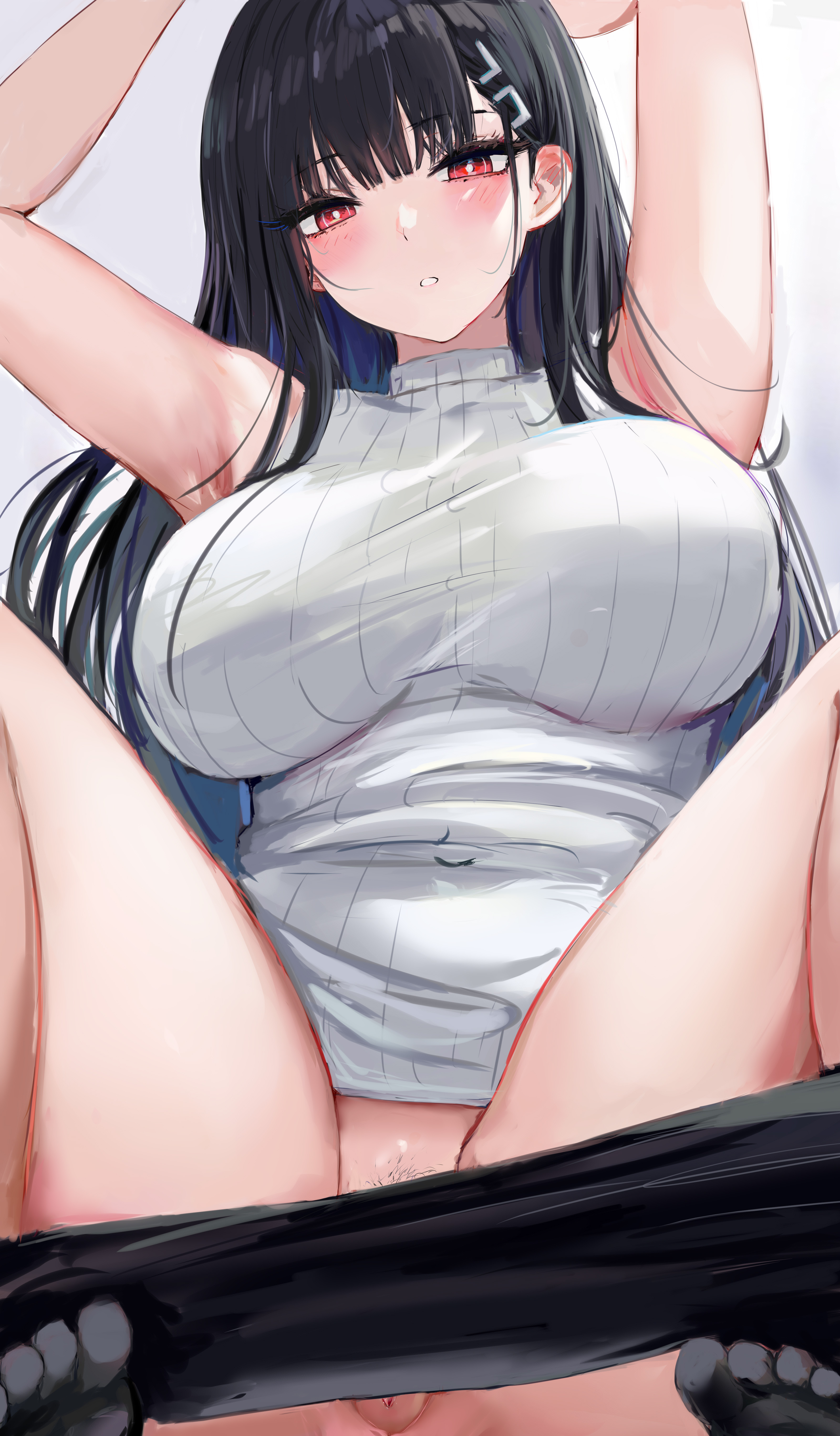1girls, black hair, blue archive, breasts, convenient censoring, female, huge breasts, light skin, light-skinned female, long hair, lshiki, millennium science school student, naughty face, red eyes, rio (blue archive), seminar (blue archive), spread legs, thick thighs