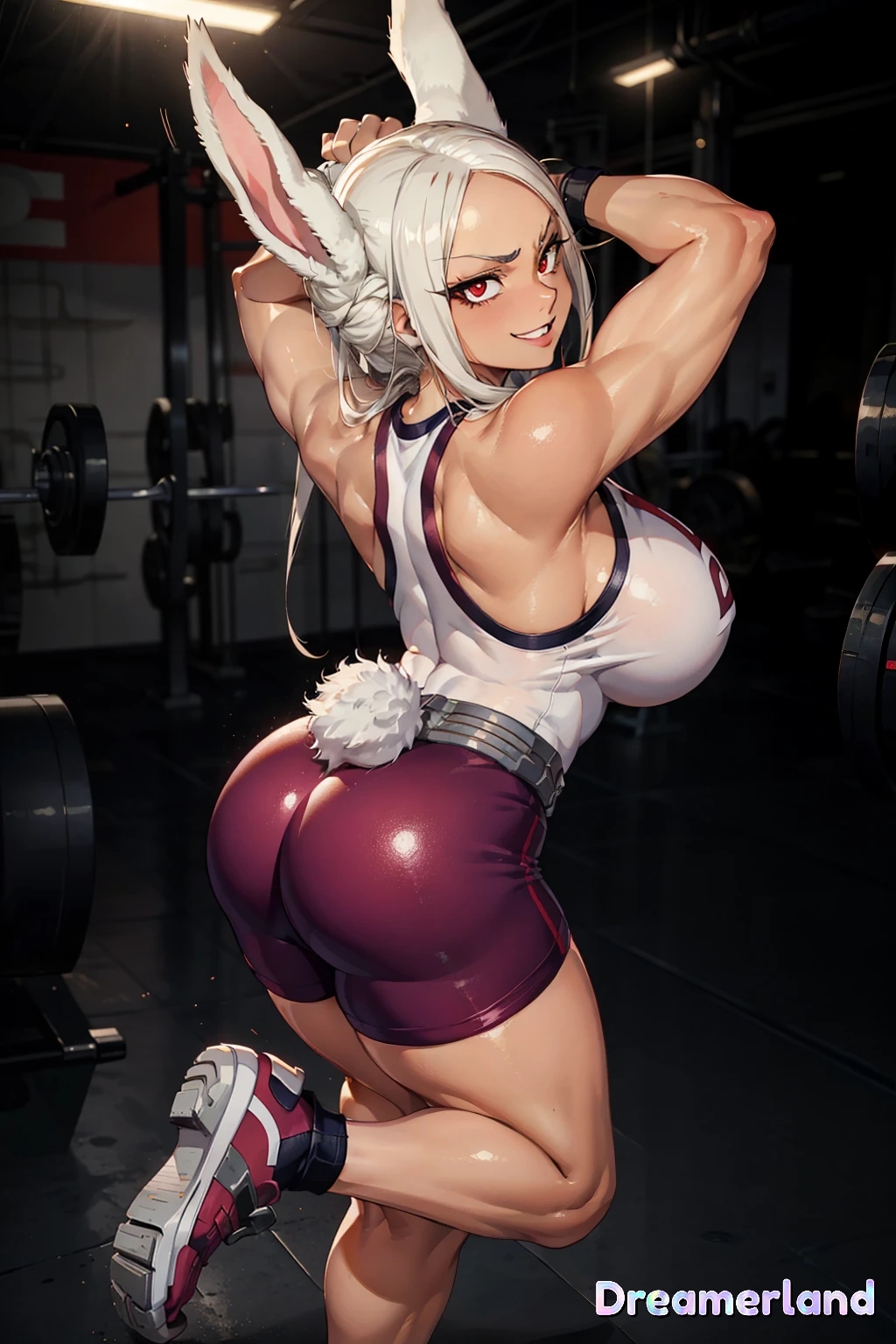 1girls ai_generated back_view boku_no_hero_academia breasts brown_skin brown_skinned_female bunny_ears bunny_tail eyes fit_female gym gym_clothes gym_shorts gym_uniform leg_raise looking_at_viewer looking_back miruko muscular_arms my_hero_academia red_eyes rumi_usagiyama short_shorts thick_ass thick_thighs white_hair