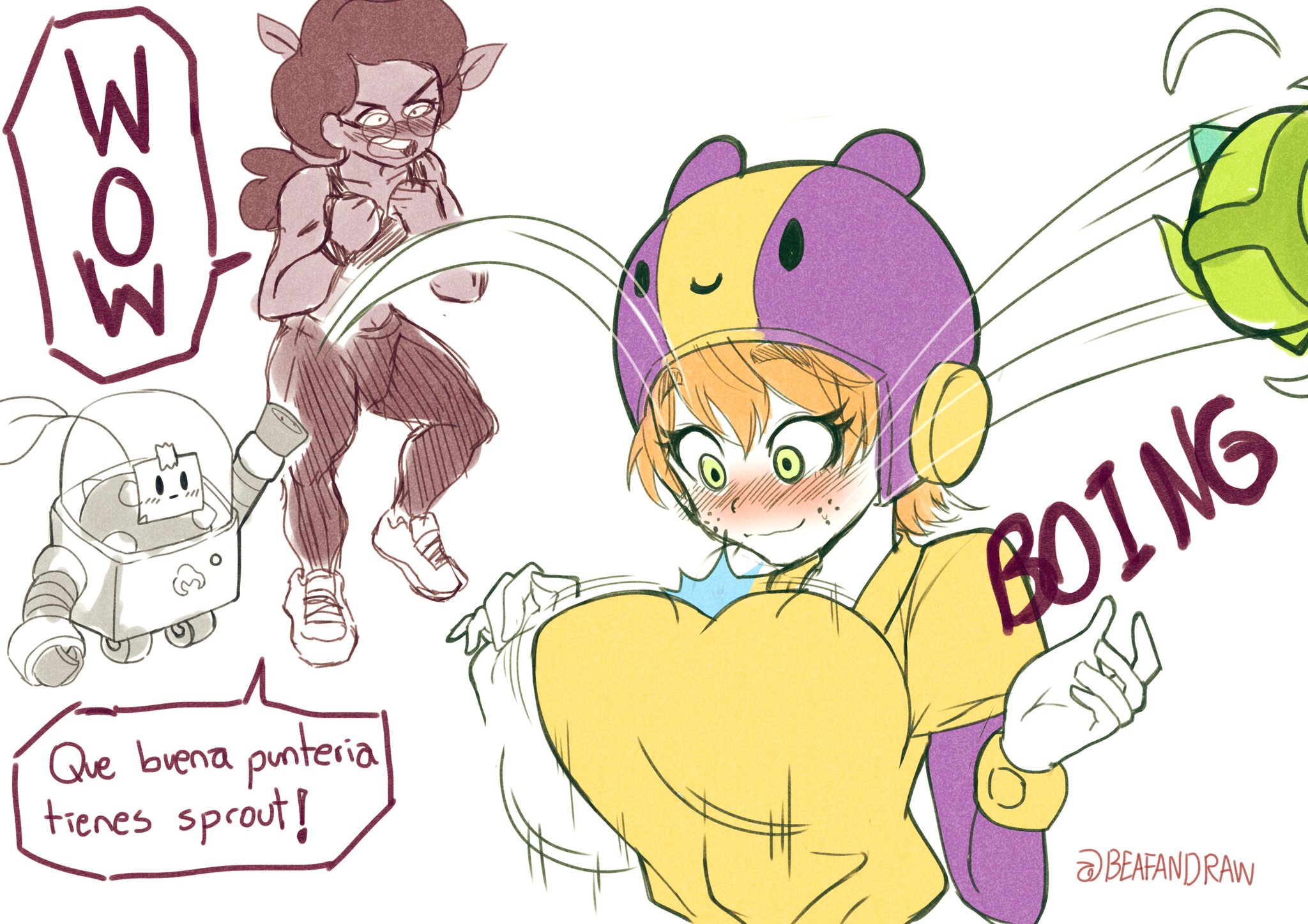 2girls, awkward, bea (brawl stars), beafandraw, blush, bouncing breasts, brawl stars, breasts, embarrassed, female, large breasts, rosa (brawl stars)