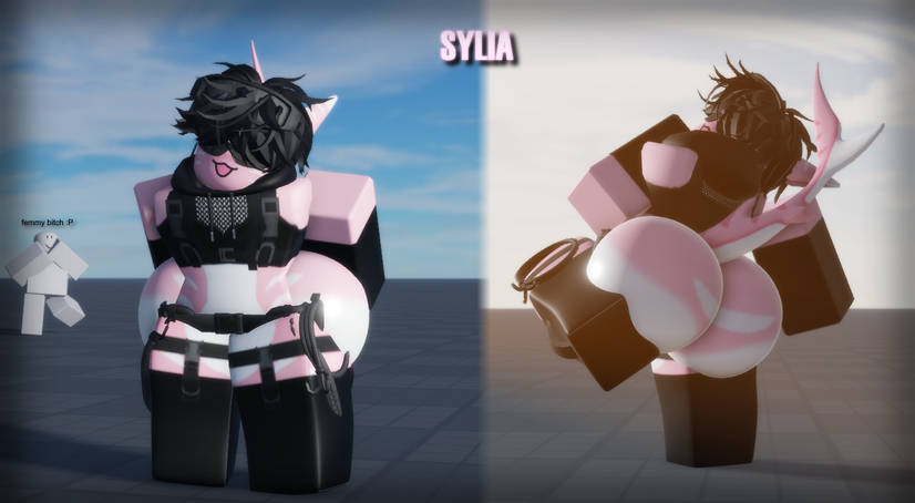 1boy 3d ass background_character baseplate big_ass character_name dummy_(roblox) femboy massive_ass mermio pink_body roblox robloxian sylia_(mermio) tagme text